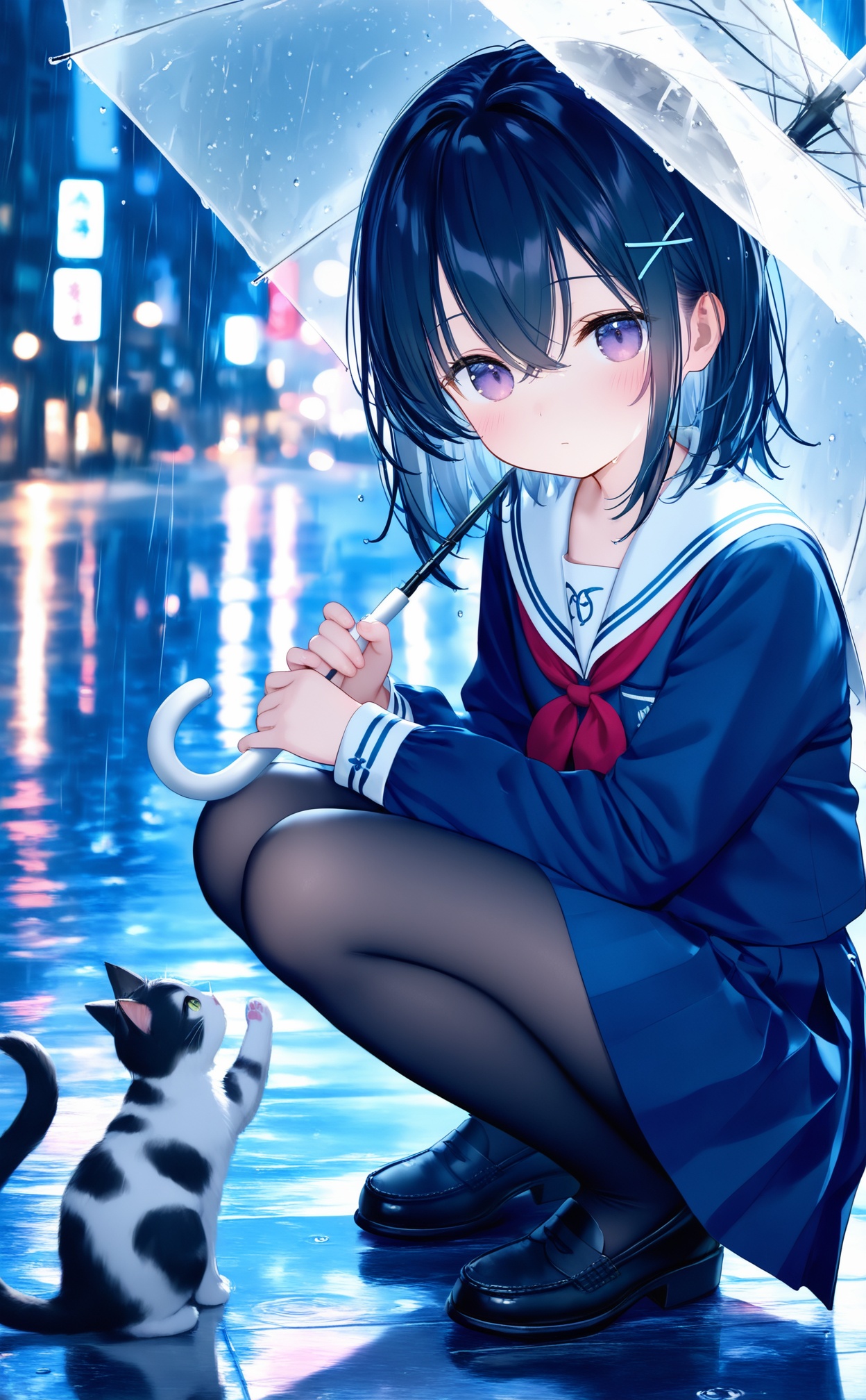 masterpiece,very awa,highres,newest,best quality,high quality,loli,chromatic_aberration,Light Blue Theme,//,1girl,squatting,cat,transparent,umbrella,pantyhose,transparent umbrella,school uniform,holding umbrella,holding,hair ornament,skirt,purple eyes,sailor collar,serafuku,blue skirt,looking at viewer,white sailor collar,neckerchief,rain,black pantyhose,black footwear,red neckerchief,shirt,pleated skirt,black hair,loafers,x hair ornament,shoes,long sleeves,outdoors,solo,blue shirt,blue serafuku,medium hair,hair between eyes,hairclip,animal,closed mouth,crossed bangs,blurry,blush,reflection,blue hair,blurry background,full body,reflective floor,short hair,water drop,//,year_2023,year_2024,//,official art,depth of field,detailed light,blurry background,cinematic lighting,ray tracing,ultra detailed,god rays,backlighting,photo background,chromatic aberration,volumetric lighting,depth of field,blurry background,cinematic lighting,very aesthetic,