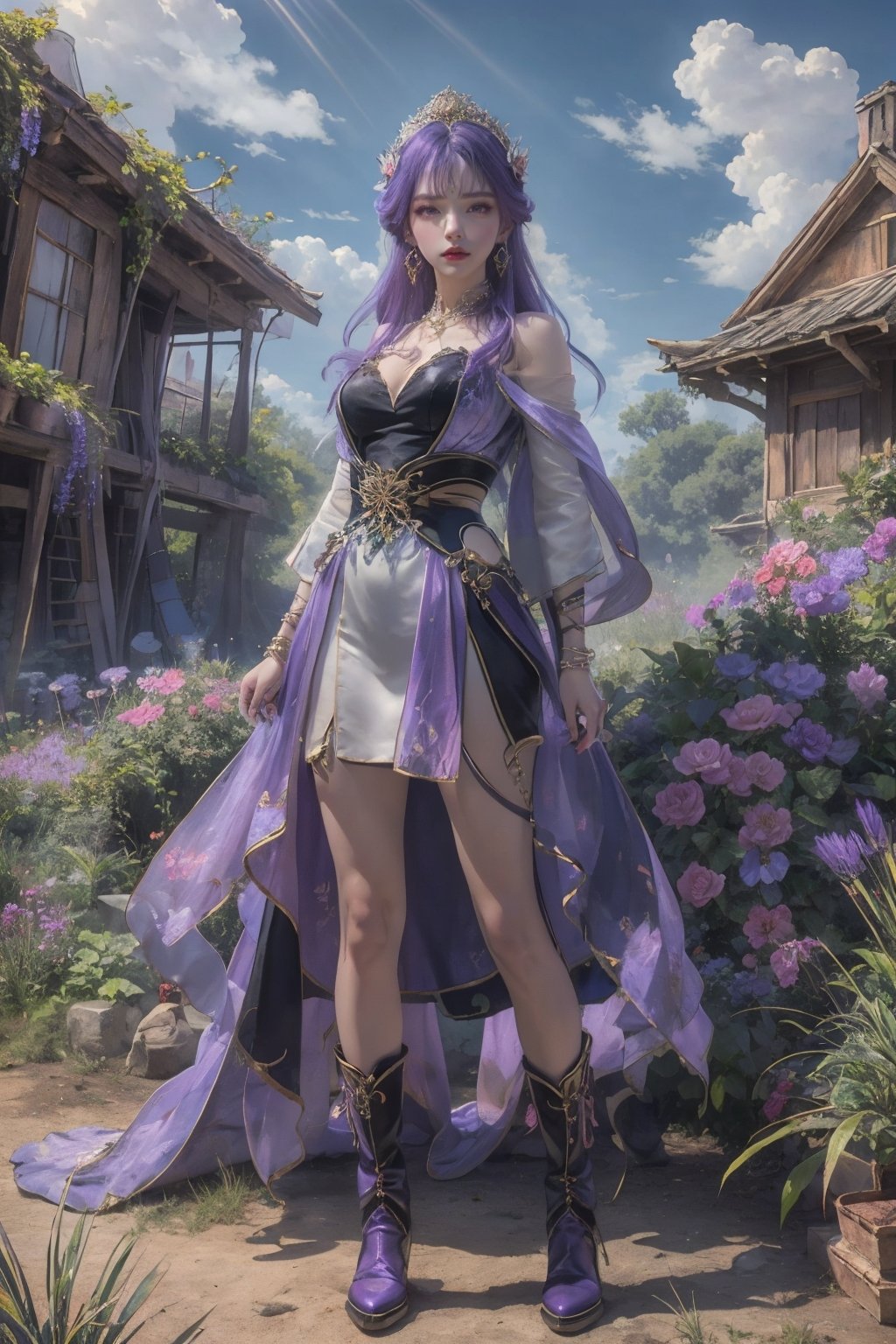 masterpiece,best quality,official art,extremely detailed CG unity 8k wallpaper,realistic,<lora:天穹:0.6>,1girl,dress,solo,jewelry,long hair,hair ornament,earrings,black dress,looking at viewer,flower,light purple hair,light rays,day,desert,air bubble,boots,