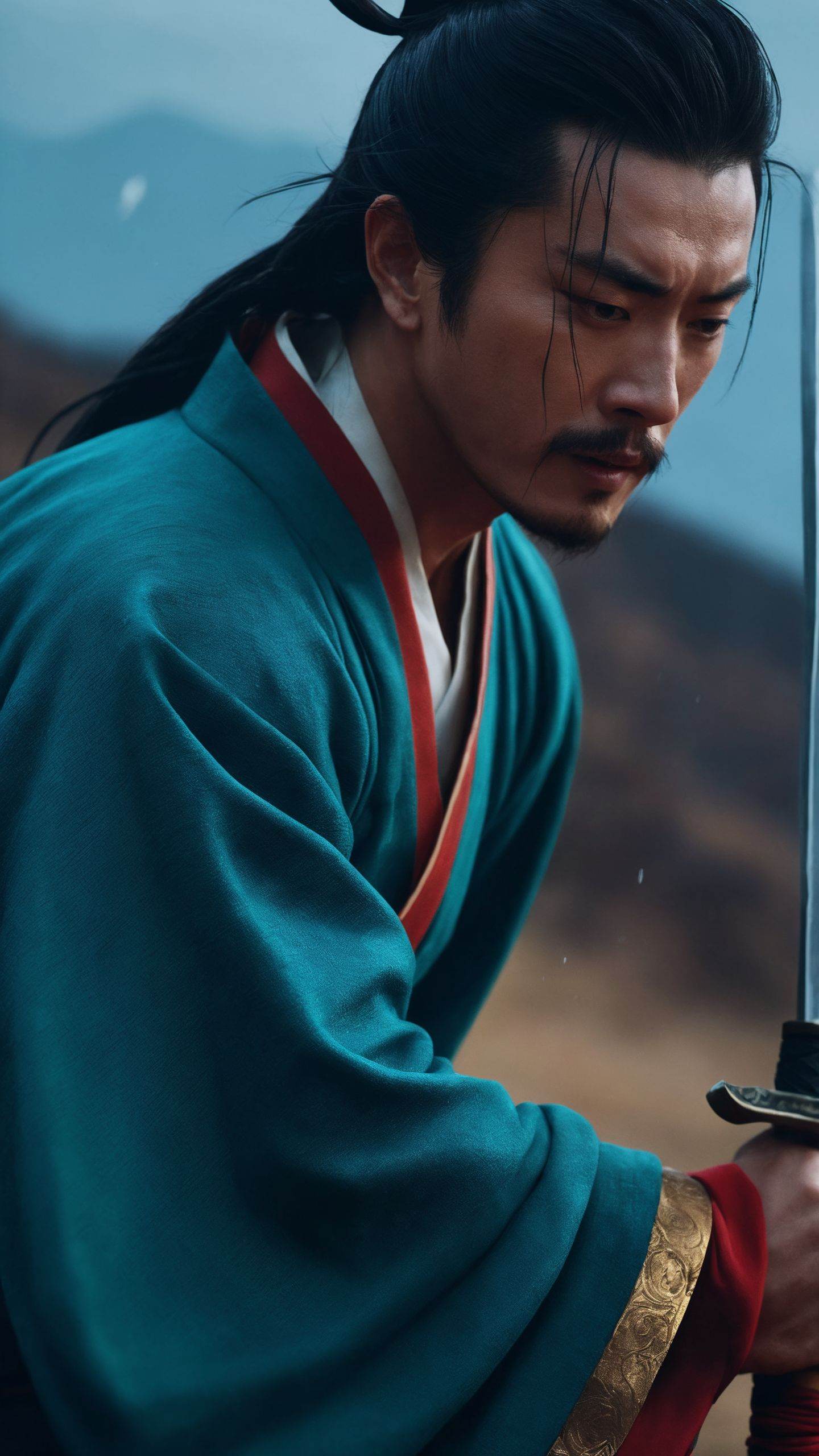 Hero cinematic still a man in hanfu,  Joyful,  wuxia on Tensor.Art