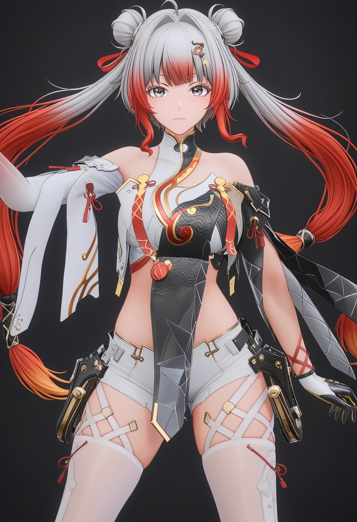 (cowboy shot:1.2),score_9,score_8_up,masterpiece,(best quality),intricate details,facing viewer,(looking at viewer:1.1),<lora:YQ_pony_bubu_V4:0.8>,q1528437228,1girl,solo,red hair,multicolored hair,grey hair,long hair,hair ornament,gradient hair,hair bun,double bun,chinese clothes,twintails,grey eyes,dress,detached sleeves,gloves,hair intakes,thighhighs,white pantyhose,white thighhighs,shorts,high heels,two-tone hair,pelvic curtain,thighs,white shorts,BREAKscore_9,score_8_up,masterpiece,(best quality),perfect anatomy,(hourglass),perfect face,(simple background,pure black background,black background:1.1),fair_skin,shiny_skin,Ivory_skin,