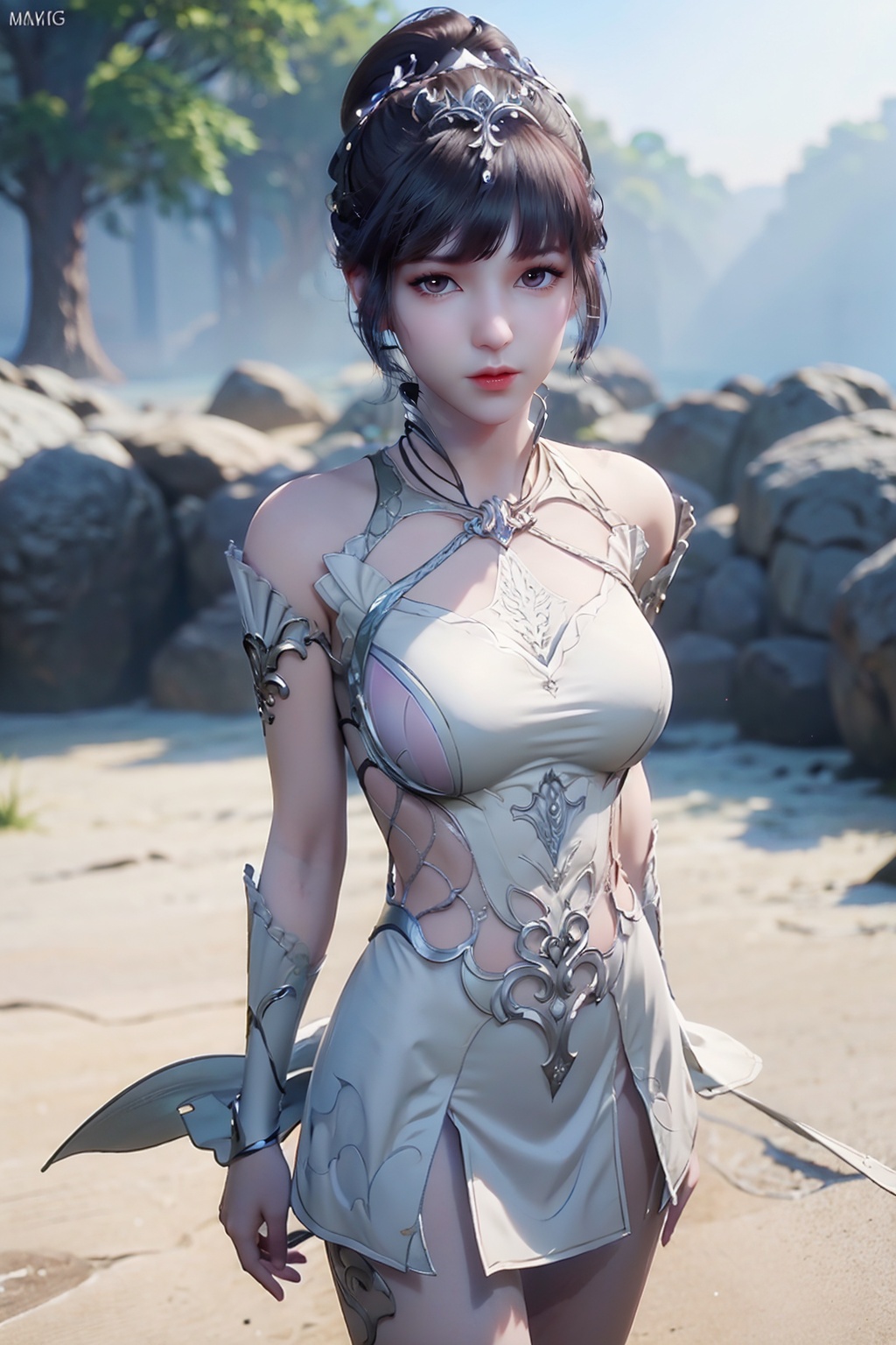 simple background,white_background,depth of field,1girl,solo,close-up,face_focus,barefoot,(fair_skin:1.2),large breasts,cleavage,looking at viewer,(masterpiece:1.3),8k wallpaper,best quality,extremely detailed CG,extremely delicate and beautiful,highres,anime,comic,game cg,<lora:xw_28D_v1-000007:0.75>,standing,portrait,