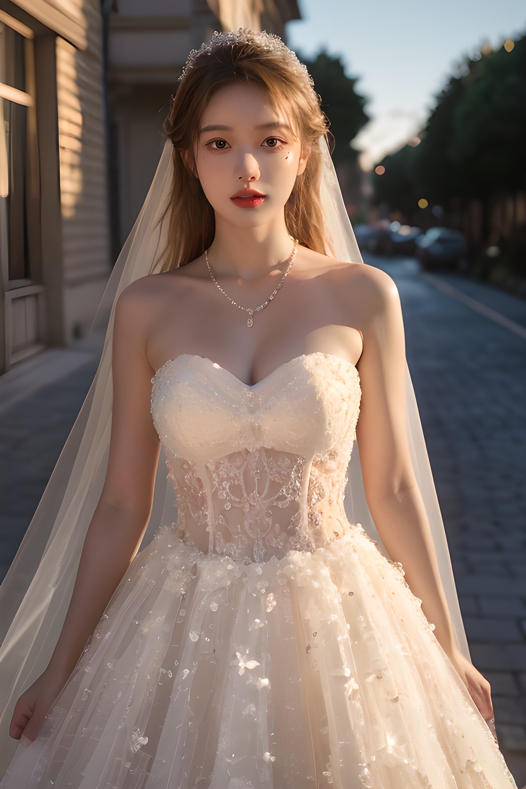 (masterpiece:1.3),(best quality:1.3),(photorealistic:1.4),see-through,midriff,pantyhose,(large breasts:1.2),yaosi,(street:1.4),(ultra detailed:1.3),unity 8k wallpaper,realistic,1girl,beautiful,smile,Big eyes more details,hair in the back of the head,a pearl necklace around the neck,(wedding dress:1.4),bright color,standing on the lawn,blue sky,floret,white clouds,soft light,early summer at seven in the morning,Jewelry,necklace,(8k, RAW photo, best quality, masterpiece:1.2),(realistic, photo-realistic),professional lighting,photon mapping,radiosity,Extreme Light and Shadow,  <lora:YG梦中婚纱6:0.75>,