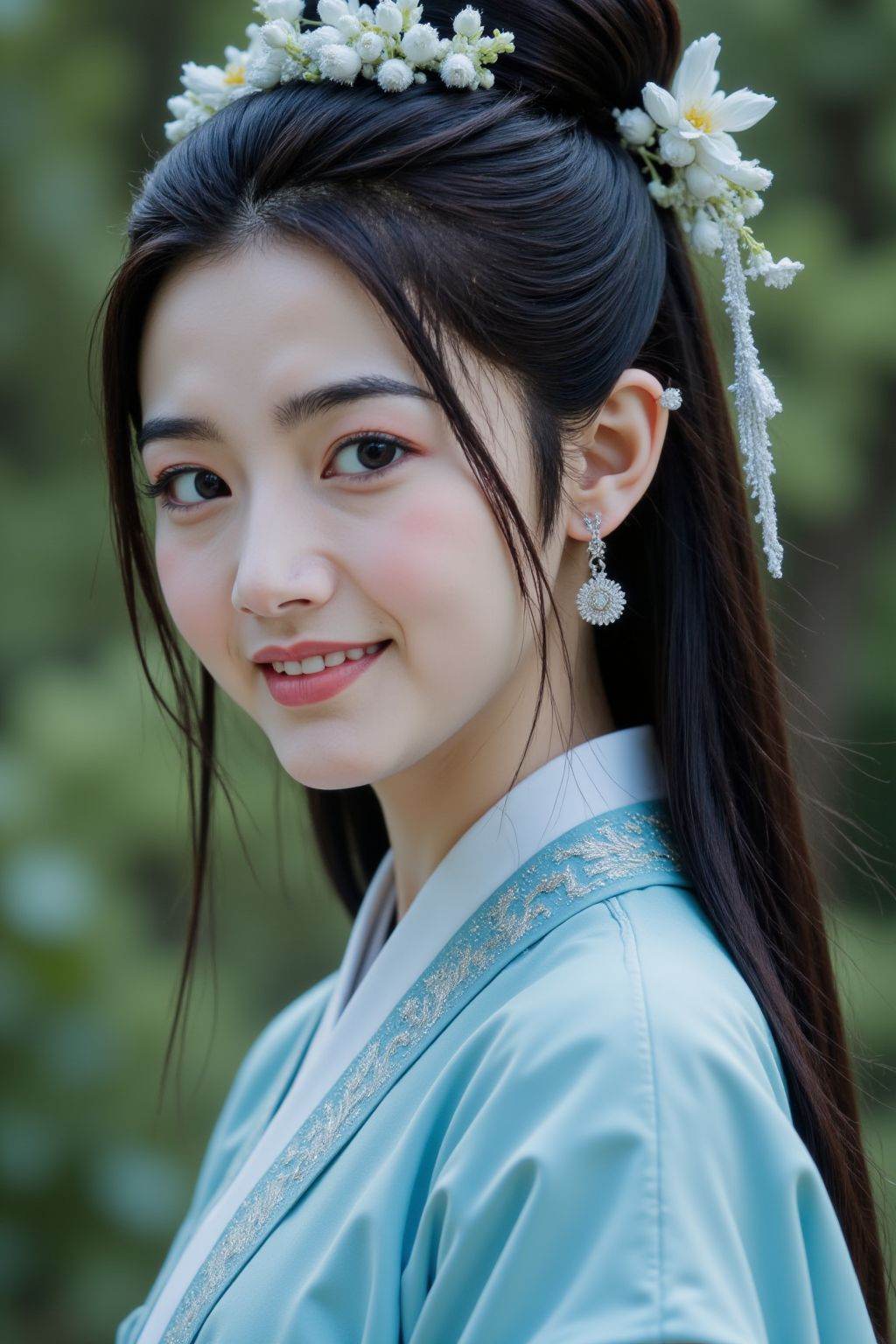 HDR photo of cinematic film still 1girl, solo, long hair, looking at viewer, smile, black hair, hair ornament, jewelry, closed mouth, upper body, flower, earrings, hair flower, hair bun, blurry, black eyes, lips, blurry background, chinese clothes, single hair bun, realistic, hanfu, light blue hanfu, light blue chinese clothes, . shallow depth of field, vignette, highly detailed, high budget, bokeh, cinemascope, moody, epic, gorgeous, film grain, grainy . High dynamic range, vivid, rich details, clear shadows and highlights, realistic, intense, enhanced contrast, highly detailed