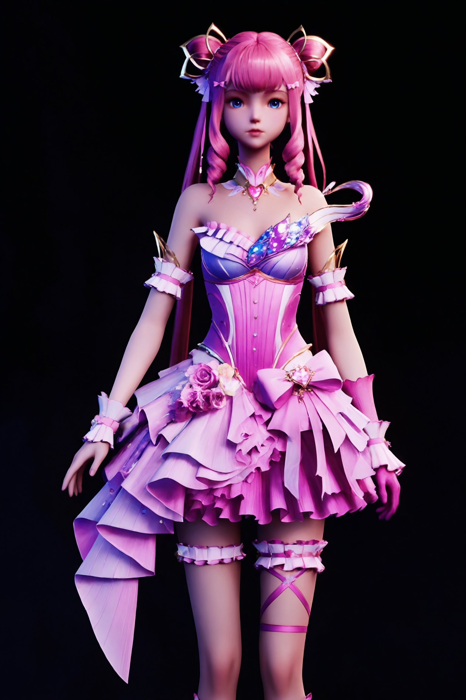 black background,standing,looking at viewer,1girl,cye\(sywz\),pink hair,drill hair,hair ornament,long hair,pink bow,hair rings,twintails,double bun,blue eyes,bare shoulders,detached collar,pink gloves,jewelry,asymmetrical gloves,pink dress,ribbon,bridal garter,necklace,