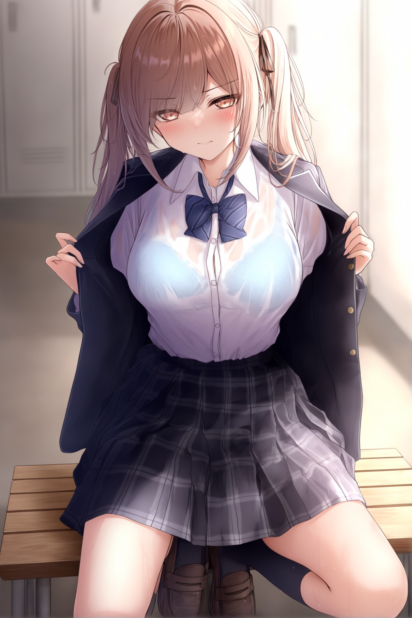 Monaka Curl, 1girl, skirt, solo, brown hair, shirt, breasts, twintails, blush, jacket, wet clothes, wet, bra visible through clothes, school uniform, sitting, see-through, white shirt, blue bra, underwear, looking at viewer, black jacket, black socks, large breasts, bra, shoes, long hair, plaid, socks, collared shirt, ribbon, bow, long sleeves, closed mouth, wet shirt, hair ribbon, plaid skirt, locker, bowtie, open clothes, indoors, brown eyes, blue bowtie, open jacket, pleated skirt, blue bow, brown footwear, black skirt