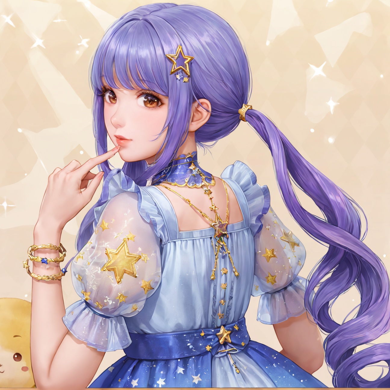 <lora:暖暖-缩小套a:0.7>,nikki,1girl,long hair,twintails,hair ornament,brown eyes,dress,purple hair,short sleeves,bangs,puffy sleeves,puffy short sleeves,lips,blue hair,jewelry,bracelet,see-through sleeves,blue dress,star (symbol),(looking back),looking at viewer,upper body,star background,simple background,