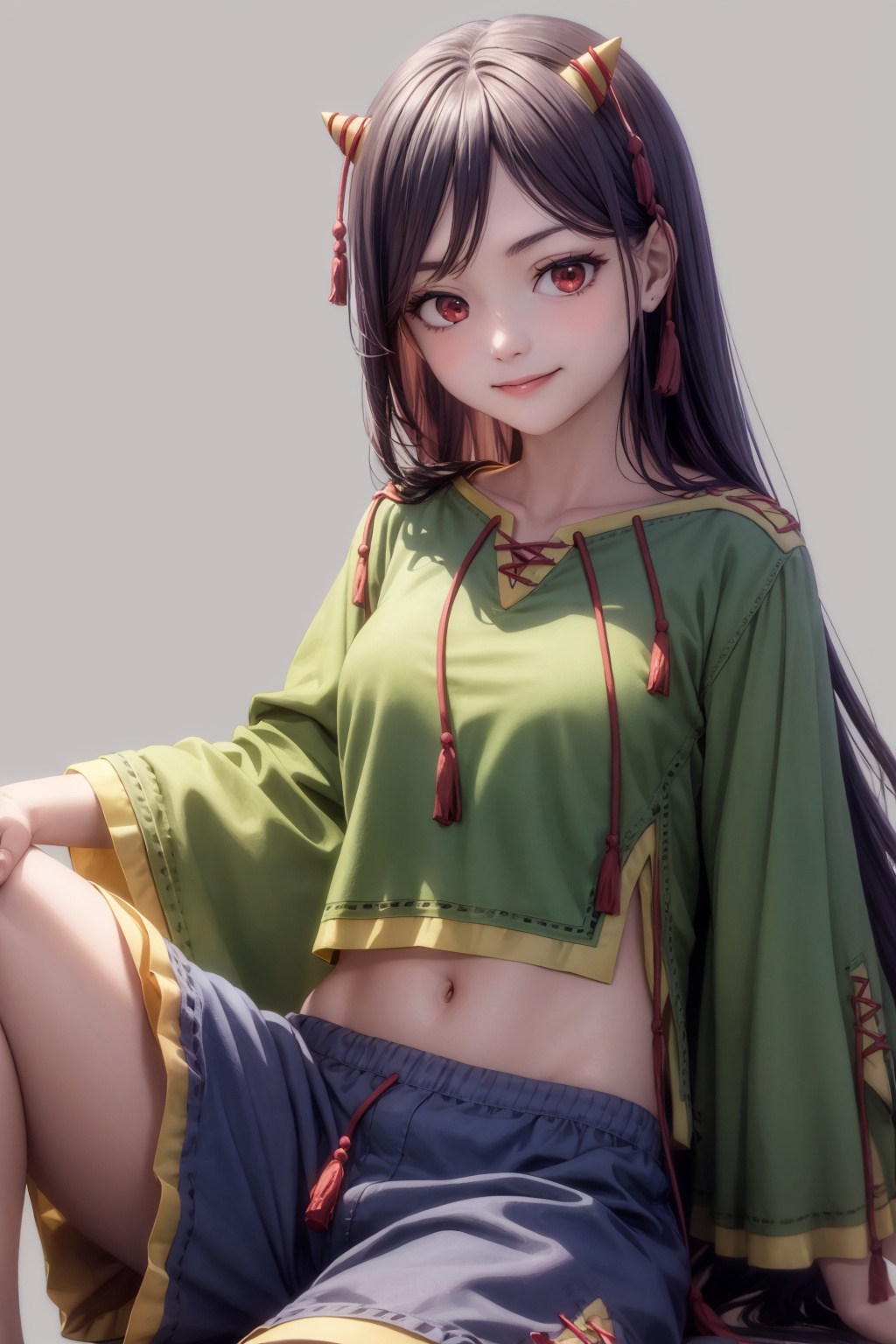 masterpiece, best quality, <lora:NippakuZanmu:1>,1girl,horns,very long hair,purple hair,hair ornament,  red eyes,green shirt,long sleeves, navel,blue shorts,tassel,ribbon-trimmed clothes,grey background, cowboy shot, light smile,sitting, 