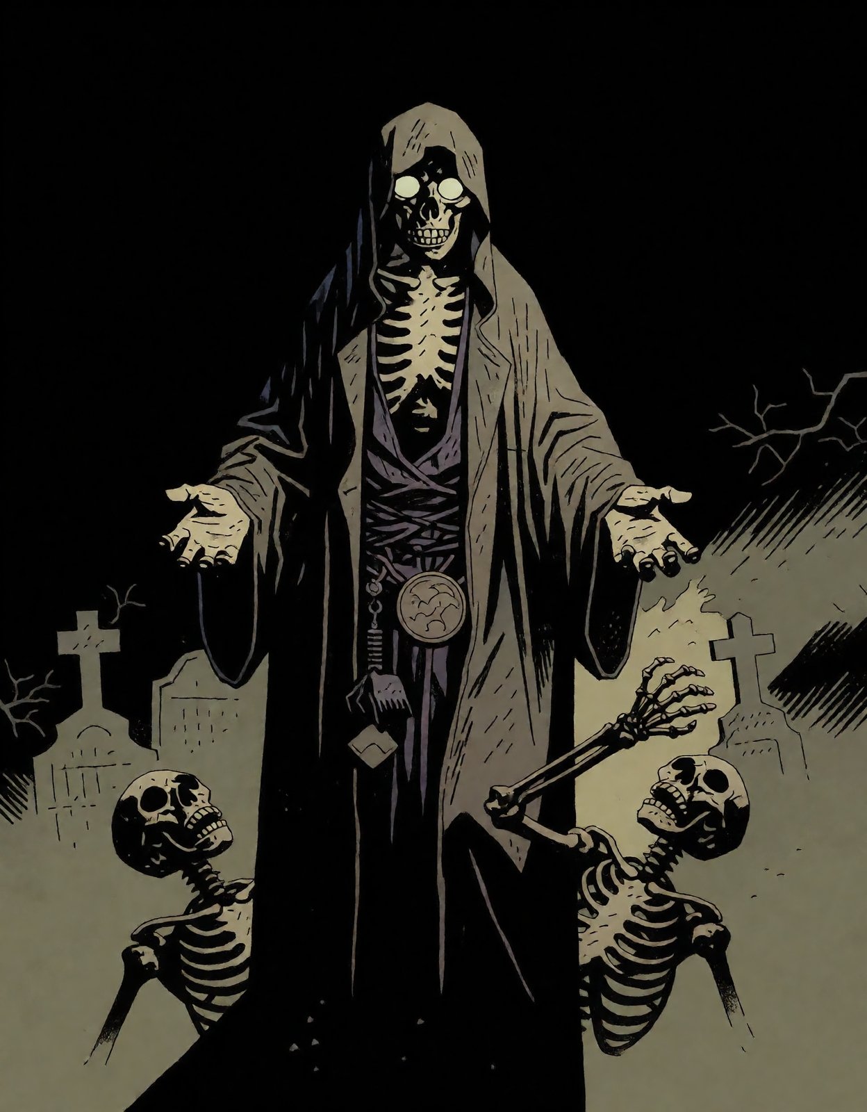 MignolaStyle,  A Skeleton necromancer standing in the center,  he is summong some skeleton from the ground on Tensor.Art