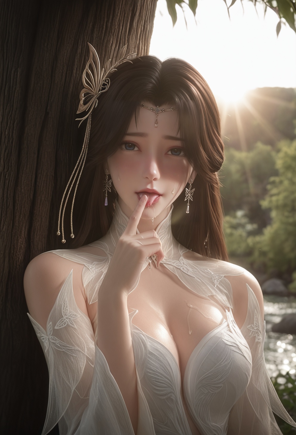 masterpiece,best quality,amazing quality,high resolution,ultra-detailed,absurdres,(looking at viewer:1.1),upper body,(moody lighting:1.1),(large breasts:0.8),1girl,solo,long hair,makeup,BREAKcollarbone,sheer overlay,bare shoulders,sheer collar,high collar,jewelry,hair ornament,dangling earrings,forehead decoration,detached sleeves,fantasy dress BREAK photorealistic details,<lora:云曦gh:0.8>,shy,blush,under the tree,sun,sunlight exposure,shyi,water stains on the face,lick finger,water drop,
