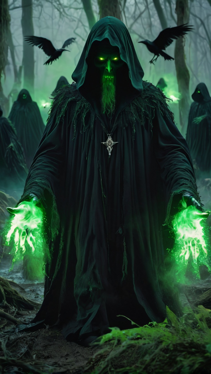 <lora:鲜创一派@奇幻世界XL:1>,Ghost Witch,a man in a tattered black wizard cloak,face covered,eyes glowing green,green fireballs in his hands,dynamic pose,evil atmosphere,epic movie,rotten swamp,countless flying crows,high detail,ultra high resolution,32K UHD,best quality,masterpiece,