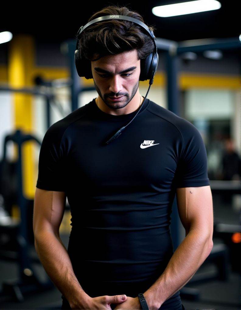 Ferran Torres ,  A detailed low-angle image. in exceptional quality. He is in a gym with a predominance of black and a lit...