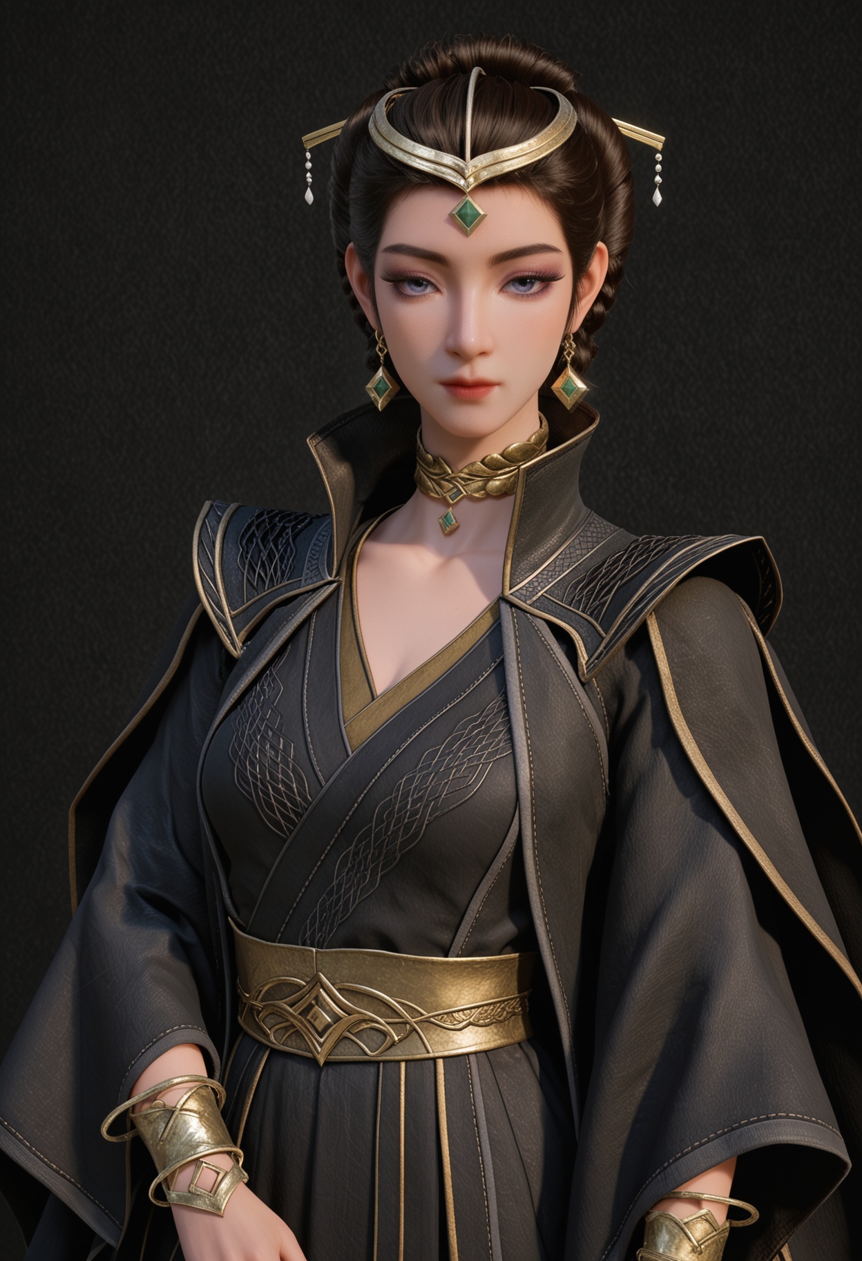 (cowboy shot:1.2),score_9,score_8_up,masterpiece,(best quality),intricate details,facing viewer,(looking at viewer:1.1),<lora:YQ_pony_wenfuren_V4:0.8>,q1528437228,1girl,jewelry,solo,earrings,black hair,hair ornament,bracelet,brown hair,blue eyes,updo,braid,circlet,long hair,hair bun,wide sleeves,cape,eyeshadow,purple eyes,dress,necklace,gem,grey eyes,robe,short hair,single hair bun,tiara,chinese clothes,hair stick,black dress,BREAK(score_9:1.2),(score_8_up:1.2),masterpiece,best quality,very aesthetic,perfect anatomy,(hourglass),perfect face,(simple background,pure black background,black background:1.1),fair_skin,(shiny_skin:1.1),Ivory_skin,