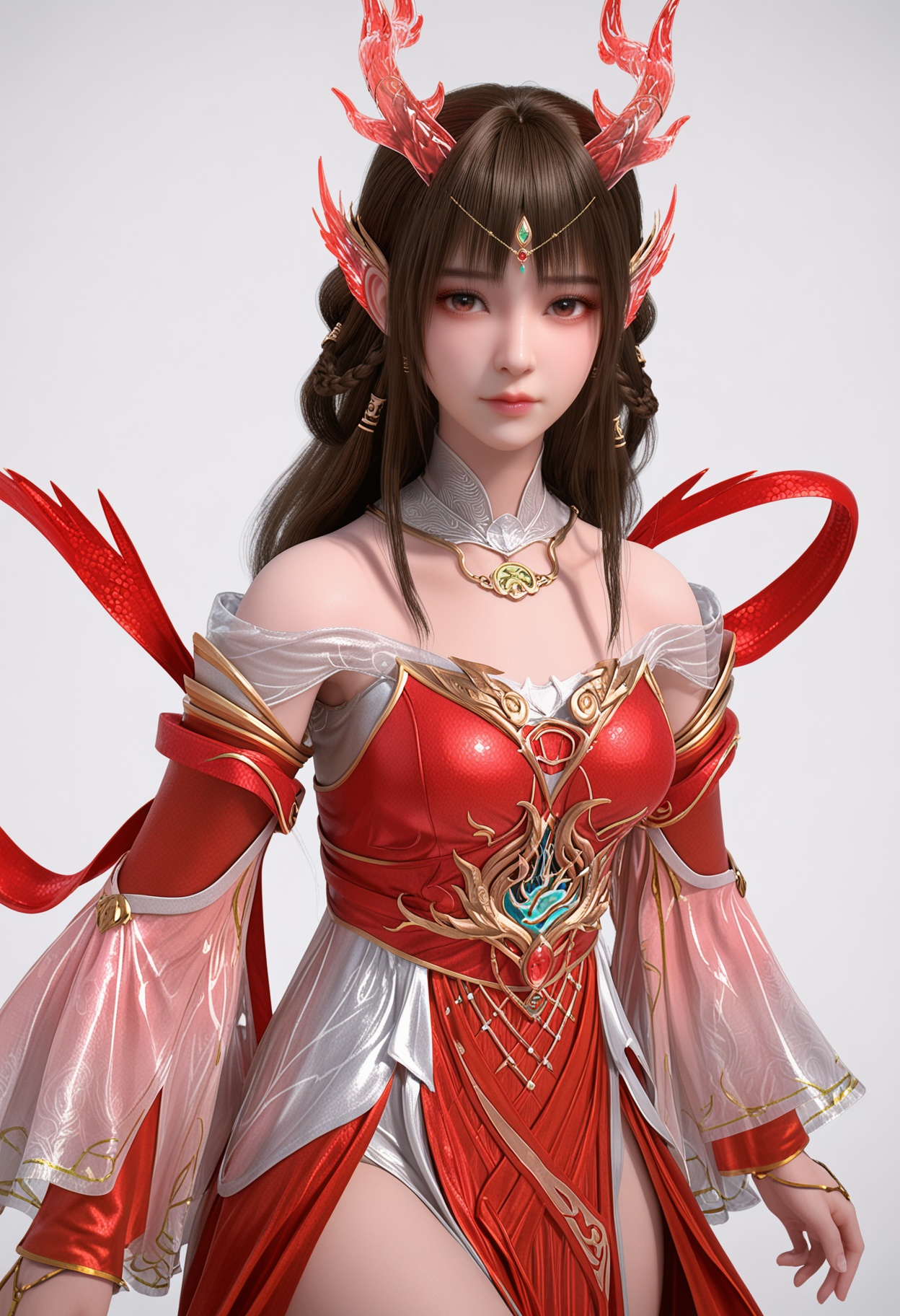 score_9,high detail,best quality,shiny skin,shiny,yunluolygz,1girl,solo,brown eyes,brown hair,long hair,white background,hair ornament,red dress,dress,closed mouth,dragon horns,bare shoulders,jewelry,detached sleeves,simple background,detached collar,braid,realistic,long sleeves,hair rings,looking at viewer,thighs,<lora:QQSponyyunluolygzV1:0.8>,<lora:Pony_DetailV2.0:0.8>,<lora:皮肤凹痕:0.1>,