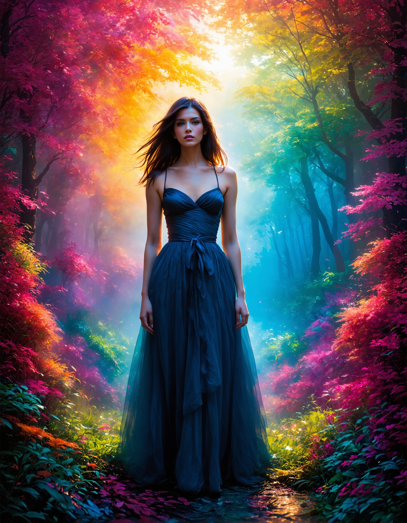 An extraordinary 8K photograph that transports a woman into a surreal,  dreamlike world of vibrant colors and dramatic lig...