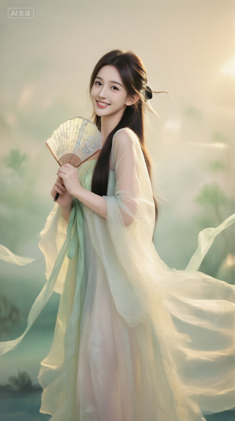 千问佳人,女子手持纨扇,身着轻纱长裙,立于抽象清风徐来的背景中,背景以淡绿与浅金交织,她职业微笑优雅,衣带飘飞如仙,, , , Negative prompt: EasyNegative,nsfw,,nsfw, Steps: 20, Sampler: Euler, CFG scale: 4.0, Seed: 4134388192, Size: 928x1664, Model hash: 98763a1277, Model: Qwen-Image_1.0.safetensors, Denoising strength: 0, RNG: CPU, Lora 1: qwen千问佳人, Lora Hash 1: ac0e909e71, Lora Weight 1: 1.0, vae_name: automatic