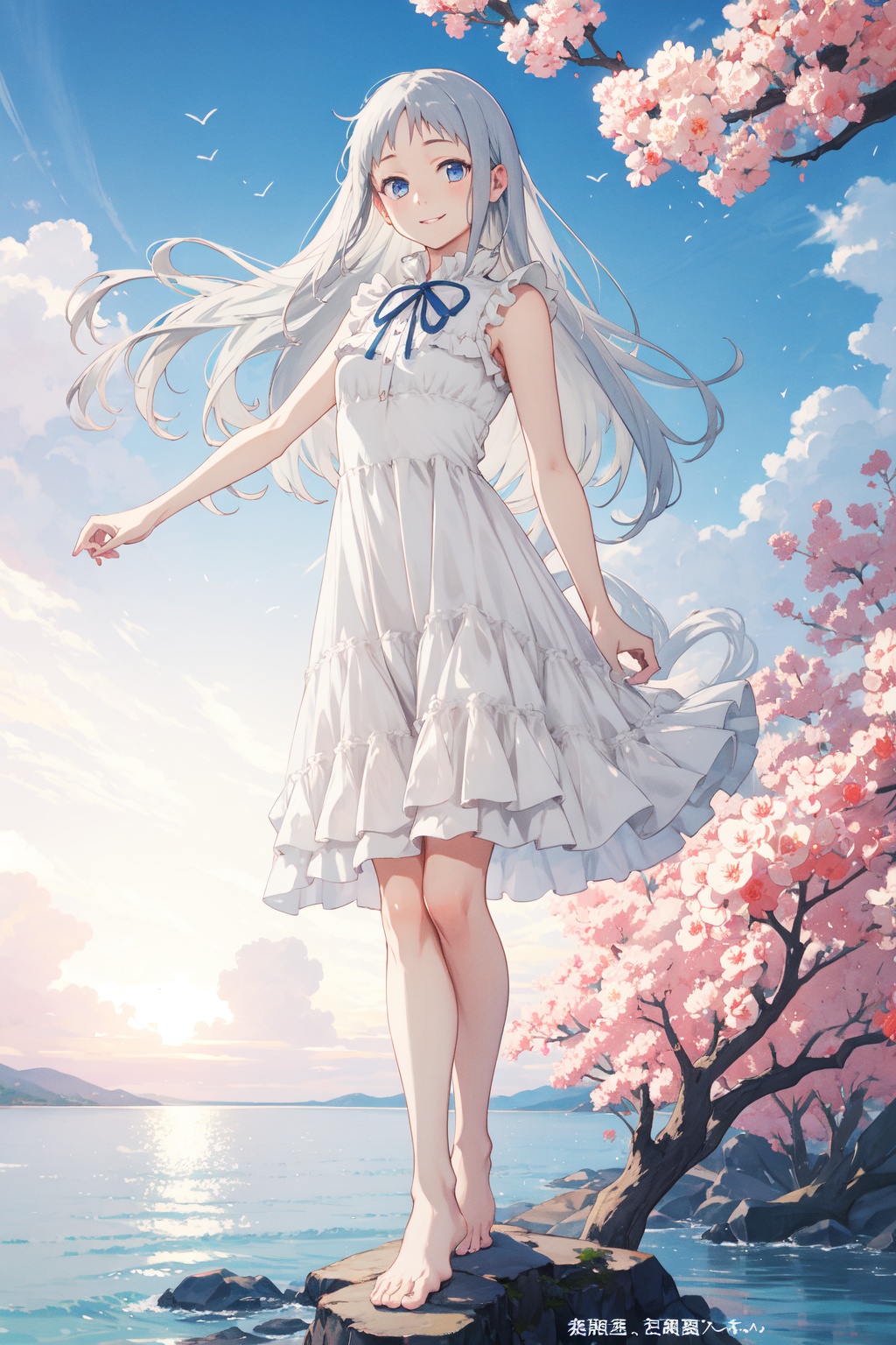 <lora:Menma-000015:0.9>,Menma CYQL,1girl,looking at viewer,solo,long hair,grey hair,blue eyes,smile,dress,ribbon,sleeveless,sleeveless dress,white dress,barefoot,full body,standing,frills,upper_body,Coral, Fish, Seaweed, Sunlight, Clear water, Diverse marine life, Colorful, Serenity,(Lavender rows, Purple blooms, Summer sunshine, Fragrant air, Lavender harvest, English countryside:0.5),beautiful detailed sky,beautiful detailed glow,posing in front of a colorful and dynamic background,masterpiece,best quality,beautiful and aesthetic,contrapposto,female focus,wallpaper,
