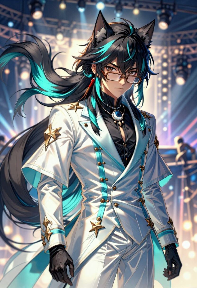 painterly anime artwork,  anthro ***** male wolf toned masculine frame with dark grey fur with teal highlights,  dark brow...