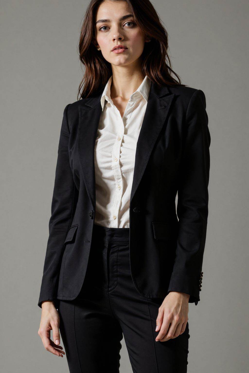 This photograph captures a young woman, suit, shirt,