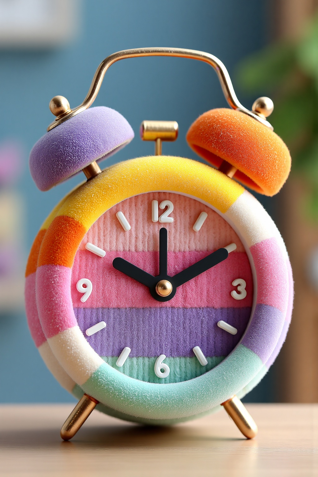 beijihui,A close-up shot of a knitted alarm clock. The alarm clock is **** up of a variety of colors,including yellow,orange,pink,purple,blue,and white. The clock's hands are black,and the numbers are also black. The bells on the top of the alarm clock are **** of a soft,fuzzy material,adding a touch of warmth to the scene. The background of the clock is blurred,with a blue wall in the background.,