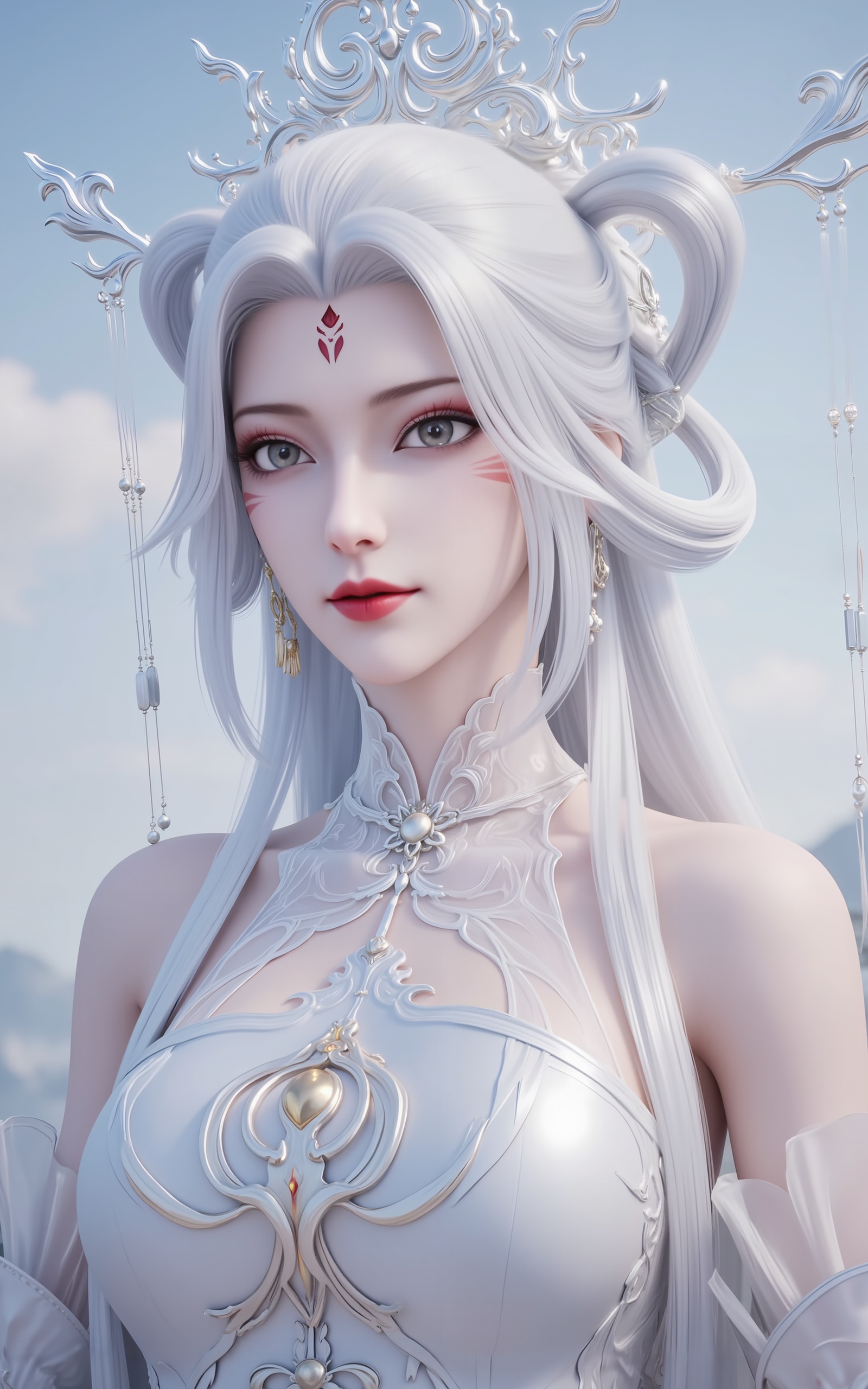 <lora:小白·新建模6:1>,xiaobai,1girl,solo,long hair,white hair,dress,facial mark,hair ornament,bare shoulders,forehead mark,white dress,red lips,detached sleeves,hair rings,makeup,looking at viewer,hair stick,grey eyes,1girl,toenail polish,barefoot,toenails,nail polish,anklet,feet,solo,dress,toes,jewelry,silver dress,legs,blurry,blurry background,foot focus,red nails,close-up,11,cover,gradient background,close-up details,outstanding style,adding a touch of dimension to your images without compromising details,close-up,<lora:DJ滤镜_2.5D版:0.3>,lvjing,<lora:绚丽多彩·10:0.4>,guoman,