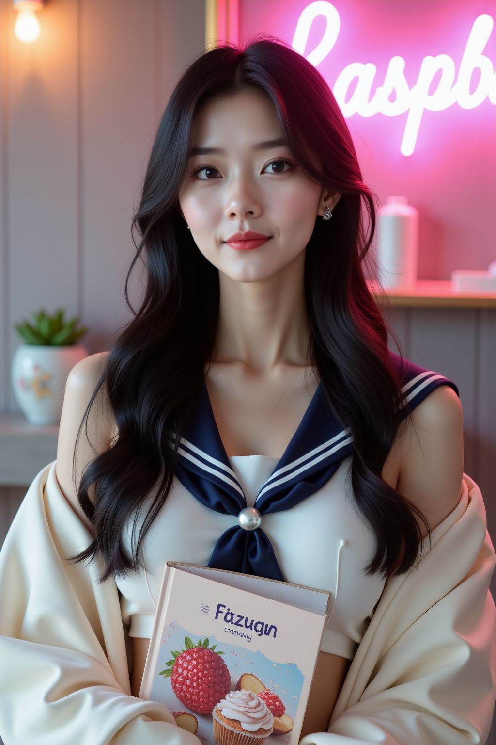A young Asian woman,  estimated age range of early to mid-twenties,  stands centered in the frame on Tensor.Art
