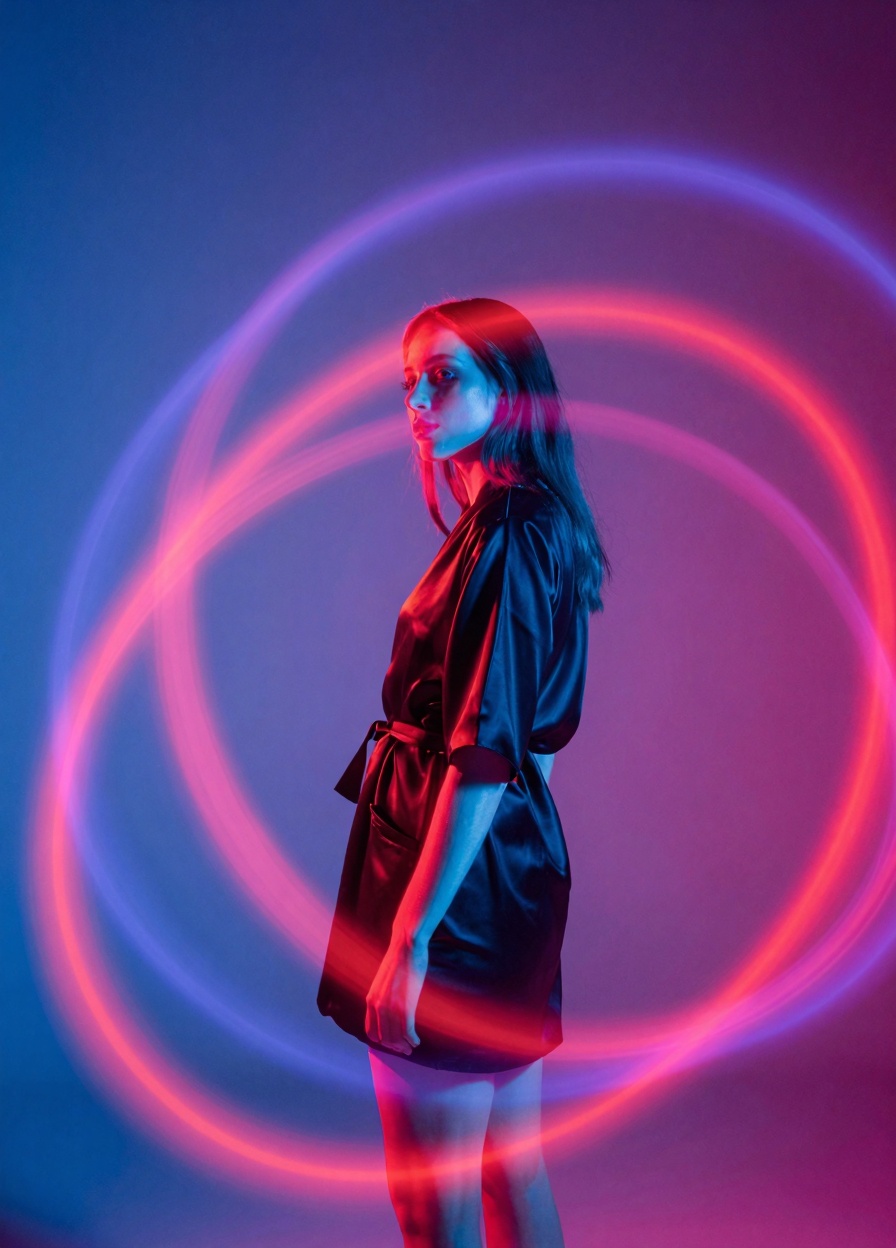 This is a photograph featuring a woman standing in a dynamic,  abstract setting with vibrant,  colorful lighting. The imag...