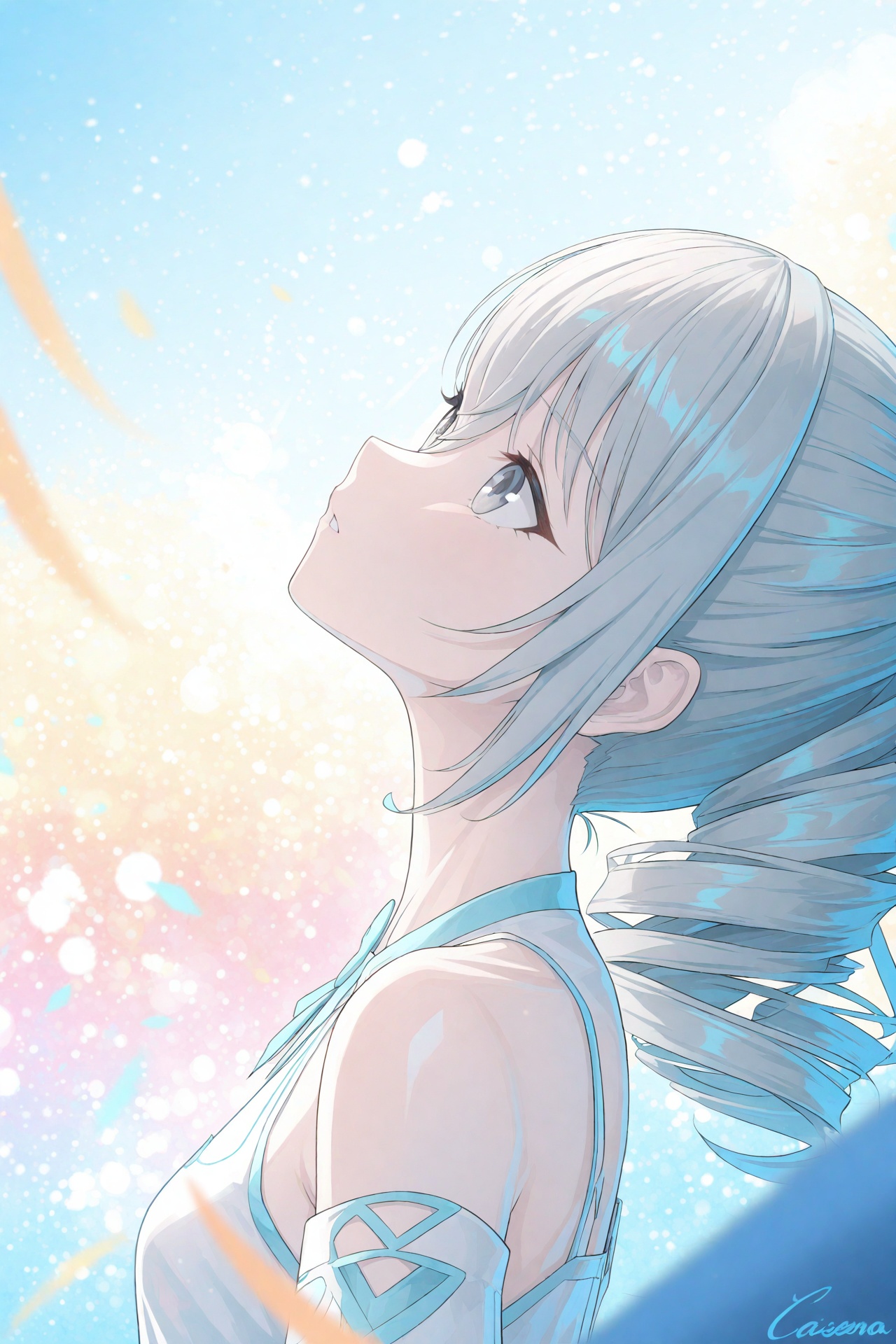 (masterpiece),(best quality),illustration,ultra detailed,hdr,Depth of field,(colorful),Artist caisena,1girl,solo,long hair,dress,white dress,grey hair,bronya zaychik,drill hair,detached sleeves,signature,looking up,bare shoulders,from side,grey eyes,