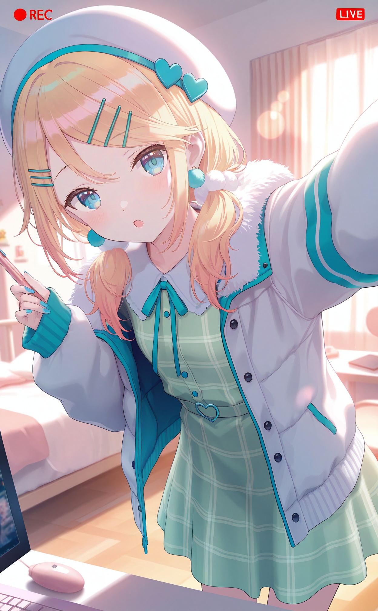 masterpiece,very aware,highres,absurdres,newest,best quality,(loli),petite,high quality,chromatic_aberration,White Theme,//,blue_eyes, twintails, user_interface, heart, long_hair, blue_hair, looking_at_viewer, dress, fake_screenshot, livestream, low_twintails, hat, hair_ornament, hatsune_miku, kagamine_rin, white_headwear, green_dress, long_sleeves, blue_nails, earrings, megurine_luka, open_mouth, indoors, jewelry, heart_hair_ornament, 1girl, pearl_hair_ornament, selfie, solo, jacket, hairclip, pink_hair, aqua_dress, mouse_\(computer\), blonde_hair, leaning_forward, chat_log, multiple_girls, fur_trim, pom_pom_\(clothes\), bedroom, desk, swept_bangs, plaid_dress, bed, white_jacket, pen, fake_phone_screenshot, breasts//,artist:luvluvvox,artist:fukai ryosuke,[artist:Torino aqua],artist:minato hitori,hiten_(hitenkei),artist:rurudo,artist:lazuri7,artist:yunikon,//,absurdres,newest,very aesthetic,amazing quality,highres,sensitive,ultra detailed,best anatomy,HDR,8K,high detail RAW color art,high contrast,illustration,depth of field,(colorful),phenomenal aesthetic,detailed light,blurred picture,Tyndall effect,contrast,lens flare,cinematic lighting,//,<lora:PVC5——【noob】hans:0.3>,<lora:konya_karasue——【noob】hans:0.5>,<lora:pjsk-noob-hans:0.65>,