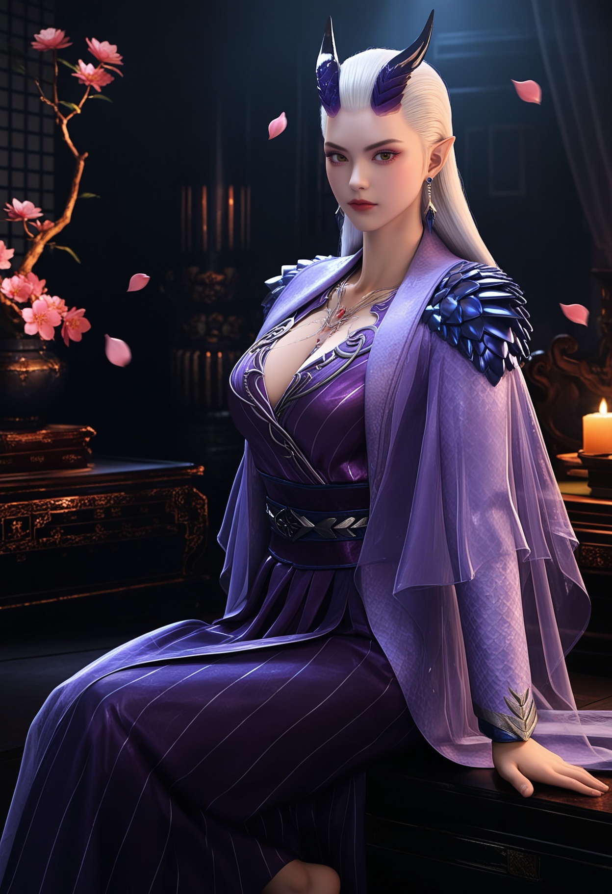 masterpiece,best quality,amazing quality,very aesthetic,high resolution,ultra-detailed,absurdres,scenery,photorealistic,(looking at viewer:1.1),upper body,(Dark room:1.3),(moody lighting:1.1),peach blossom,falling petals,(large breasts:0.8),monasuo,1girl,solo,white hair,long hair,jewelry,horns,earrings,pointy ears,necklace,closed mouth,dress,makeup,purple dress,long dress,long sleeves,red lips,brown eyes,barefoot,sitting BREAK photorealistic details,<lora:QQSillmonasuoV1:0.8>,