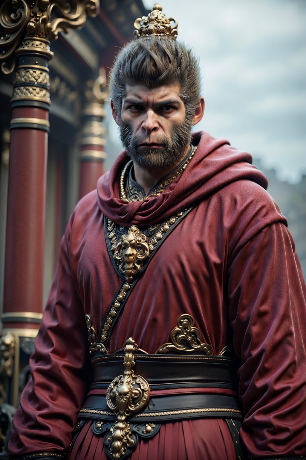 jqzx,Monkey king,1boy,male focus,solo,facial hair,blurry background,blurry,beard,hood,grey hair,looking at viewer,sunglasses,long sleeves,