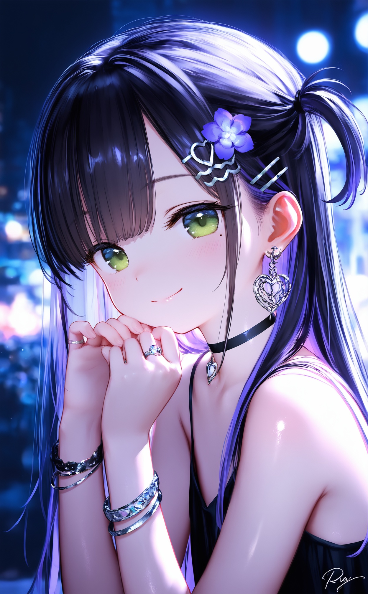 masterpiece,best quality,high quality,loli,chromatic_aberration,Light Blue Theme,//,1girl,jewelry,flower,solo,earrings,green eyes,mole under eye,looking at viewer,choker,hair ornament,purple hair,mole,ring,smile,black choker,long hair,closed mouth,bracelet,hairclip,multicolored hair,upper body,purple flower,signature,bare shoulders,hands up,heart,black hair,//,year_2023,year_2024,//,official art,depth of field,detailed light,blurry background,cinematic lighting,ray tracing,amazing quality,very aesthetic,backlighting,photo background,chromatic aberration,volumetric lighting,depth of field,blurry background,shiny skin,cinematic lighting,day,very aesthetic,