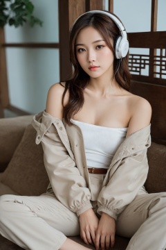 Beautiful Chinese Women, She has exquisite facial features and delicate skin, Rich and realistic skin texture, BREAK, solo, sitting, looking at viewer, headphones, brown hair, pants, headphones around neck, jacket, holding, lips, indoors, brown eyes, off shoulder, short hair, BREAK, shot with Hasselblad XCD 80mm f/1.8, 35mm photograph