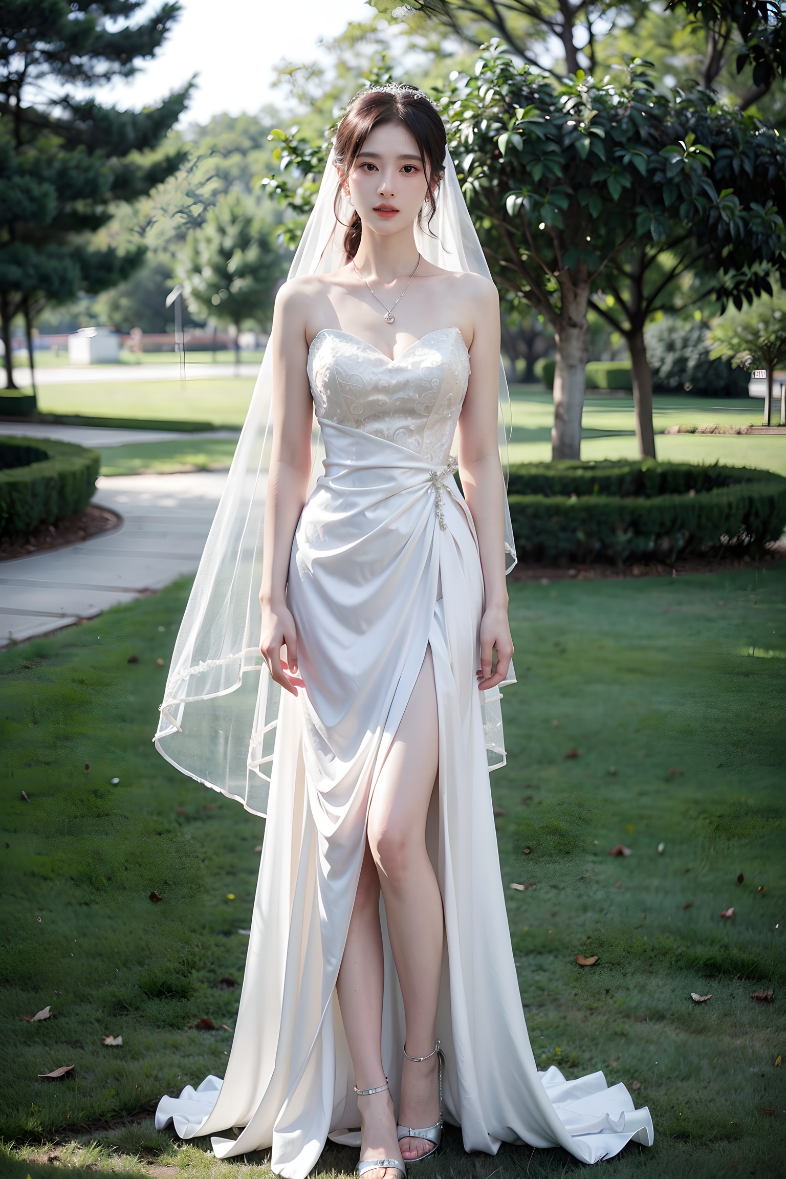 1girl,artist name, solo, watermark,wedding dress,outdoors,lawn,background blur:1.2,pendant necklace,earring pendant,wedding veil,wedding site,wedding venue,masterpiece, best quality, 8k, cinematic light, ultra high res, Filming a blockbuster, FA, (MP-E, Macro, 65mm, f/2.8), Surreal, 32k, RAW Photo, (High Detail Skin: 1.2), 8k UHD, High Quality,(full-body shot:1.4),(best quality, masterpiece, photorealistic, realistic)<lora:abel好看的姿势:0.65> <lora:YFilter_BeautyFace_CN_V1:0.3> <lora:丝织品:0.1>