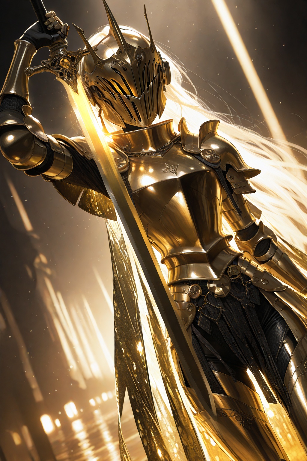 masterpiece,best quality,amazing quality,very aesthetic,absurdres,newest,extreme aesthetic,in the style of fashion photography,light particles,cinematic lighting,Visual impact,sharp focus,Emotionalization,depth of field,dutch angle,scenery,intense light,golden light in the dark,girl holding the sword,tight armor,intricate textures,real metal material,