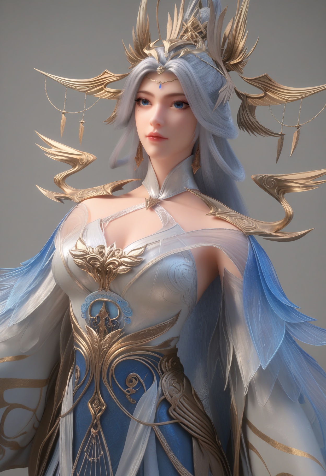score_9,score_8_up,score_7_up,high detail,best quality,cinematic lighting,volumetric lighting,shiny skin,shiny,1girl,solo,blue eyes,white_hair,long hair,blue dress,hair ornament,jewelry,white background,earrings,mole under eye,dress,breasts,simple background,closed mouth,makeup,long sleeves,looking at viewer,cowboy_shot,<lora:QQSponyningyudiedujieV1:0.8>,<lora:Pony_DetailV2.0:0.8>,<lora:皮肤凹痕:0.1>,