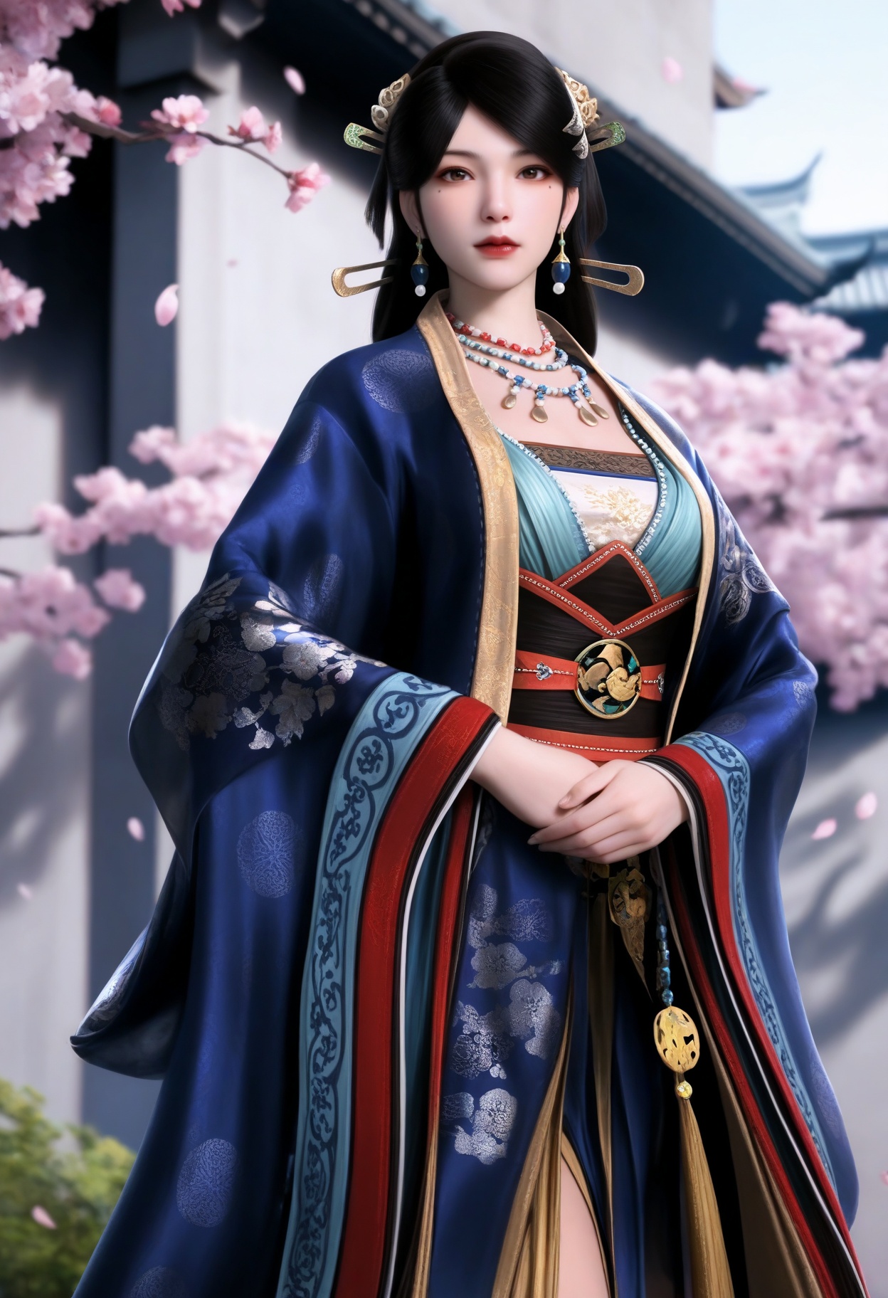 masterpiece,best quality,amazing quality,very aesthetic,high resolution,ultra-detailed,absurdres,scenery,photorealistic,(looking at viewer:1.1),(moody lighting:1.1),peach blossom,falling petals,(large breasts:0.8),wenluoyu,1girl,solo,black hair,long hair,hair ornament,jewelry,earrings,chinese clothes,necklace,realistic,brown eyes,lips,mole under eye,hanfu,long sleeves,closed mouth,wide sleeves,red lips,pearl necklace,high heels BREAK photorealistic details,<lora:QQSillwenluoyuV1:0.8>,