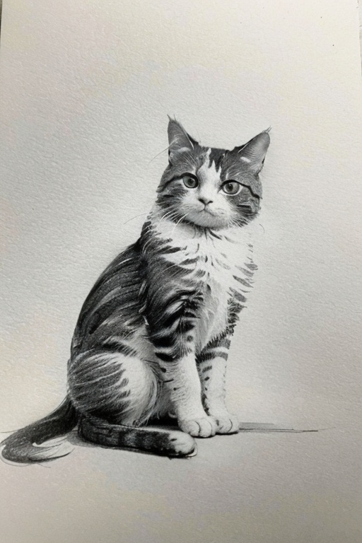 Pencil drawing,masterpiece,best quality,simple drawing,Pencil drawing,Line,Monochrome,Sketches,greyscale,1 cat,white background,
