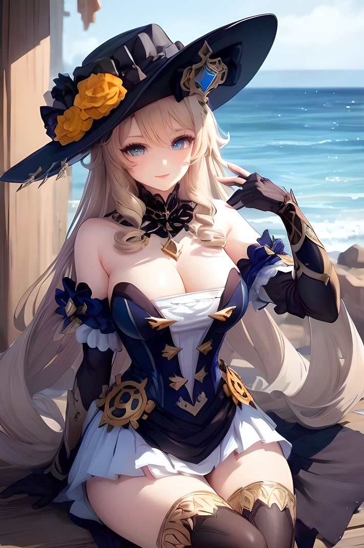 navialp,navia_(genshin_impact),1girl,solo,game cg,red lips,blonde hair,breasts,blue eyes,hat,long hair,dress,thighhighs,upper_body,portrait,gloves,bangs,bare shoulders,cowboy shot,cleavage,drill hair,black headwear,detached sleeves,hat flower,black gloves,fingerless gloves,elbow gloves,black thighhighs,strapless,smile,by the sea,sitting,crossed legs,navialp, <lora:navia6:0.8>