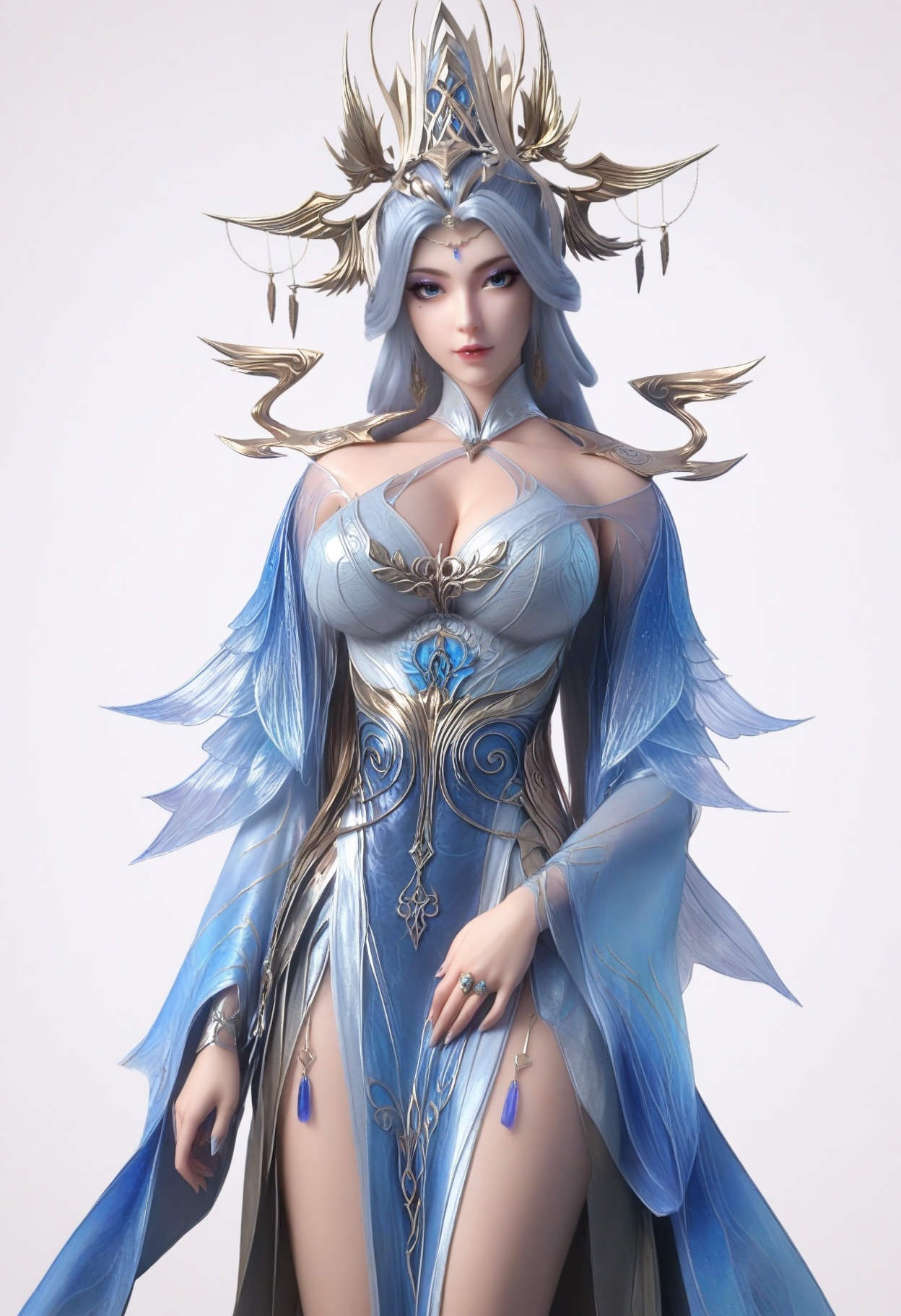 score_9,<lora:SF_NingYuDieSecondCothing_Pony_Realism2.3-000003:0.7>,hair ornament,long hair,dress,eyeshadow,blue eyes,1girl,breasts,large breasts,solo,looking at viewer,white background,simple background,