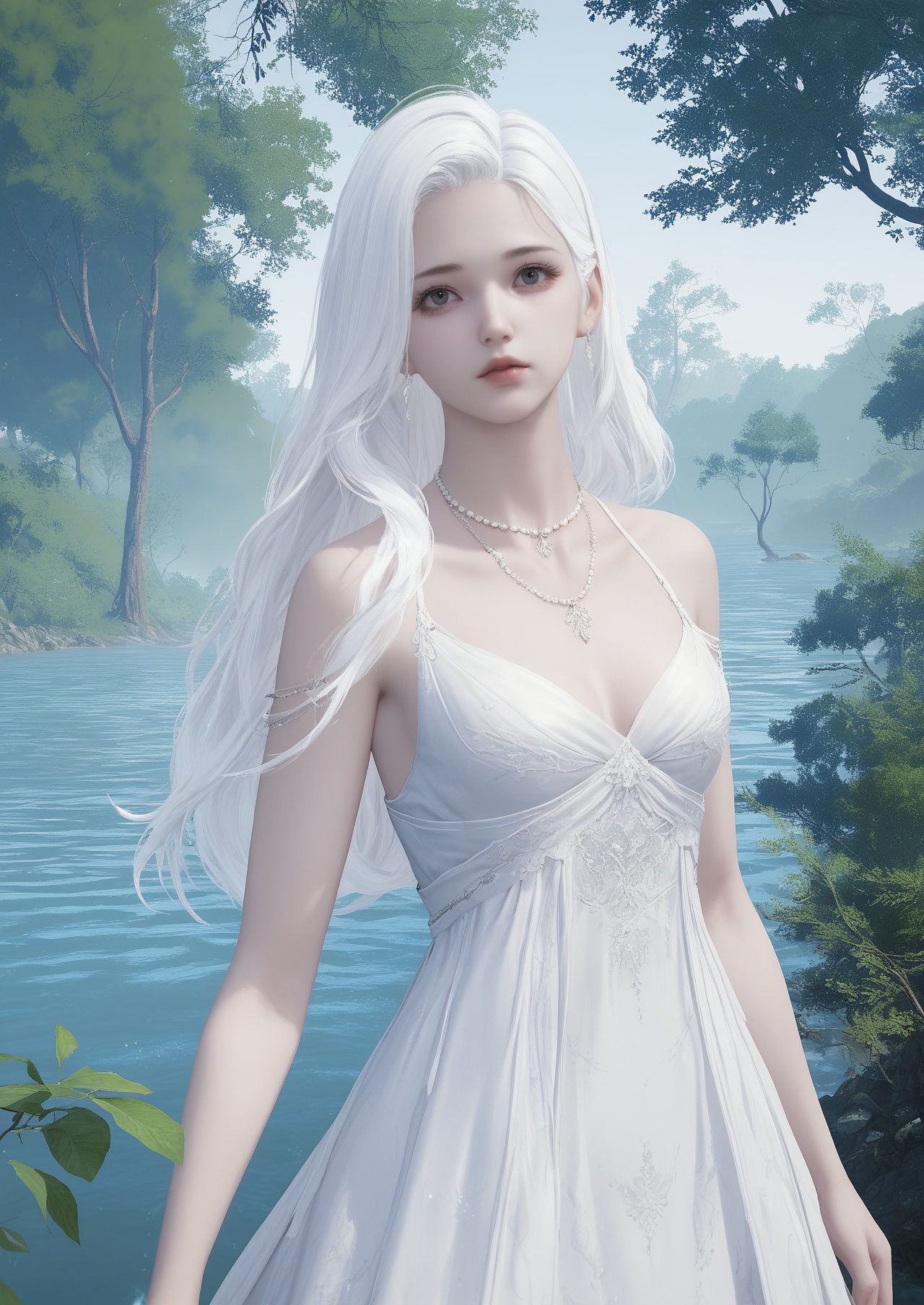 score_10,score_9,score_8_up,score_7_up,1girl,jewelry,dress,tree,nature,white hair,solo,outdoors,long hair,water,forest,necklace,blurry,