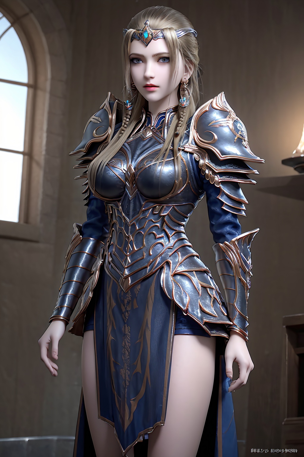 (8k, RAW photo, best quality, masterpiece:1.2),(realistic, photorealistic:1.3),ultra-detailed,extremely detailed cg 8k wallpaper,(crystalstexture skin:1.2),extremely delicate and beautiful,1girl,solo,armor,blue eyes,long hair,blonde hair,jewelry,earrings,brown hair,photo_\(medium\),(breasts, medium_breasts, cleavage),looking at viewer,standing,