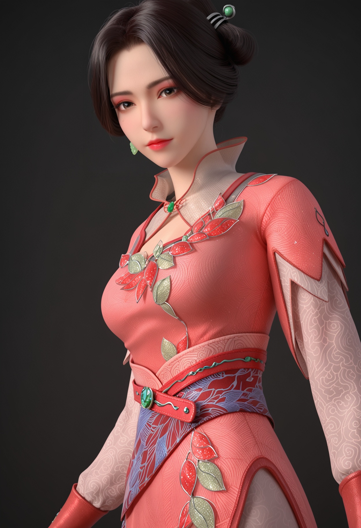 (upper_body:1.2),(looking at viewer:1.1),facing viewer,direct gaze,<lora:YQ_pony_jimohuaxue_V5:0.8>,1girl,q1528437228,solo,black hair,jewelry,pink dress,earrings,short hair,hair bun,hair ornament,brown eyes,brown hair,long sleeves,chinese clothes,single hair bun,high collar,boots,red footwear,black eyes,sash,side slit,necklace,pantyhose,BREAK simple background,pure black background,black background,perfect anatomy,