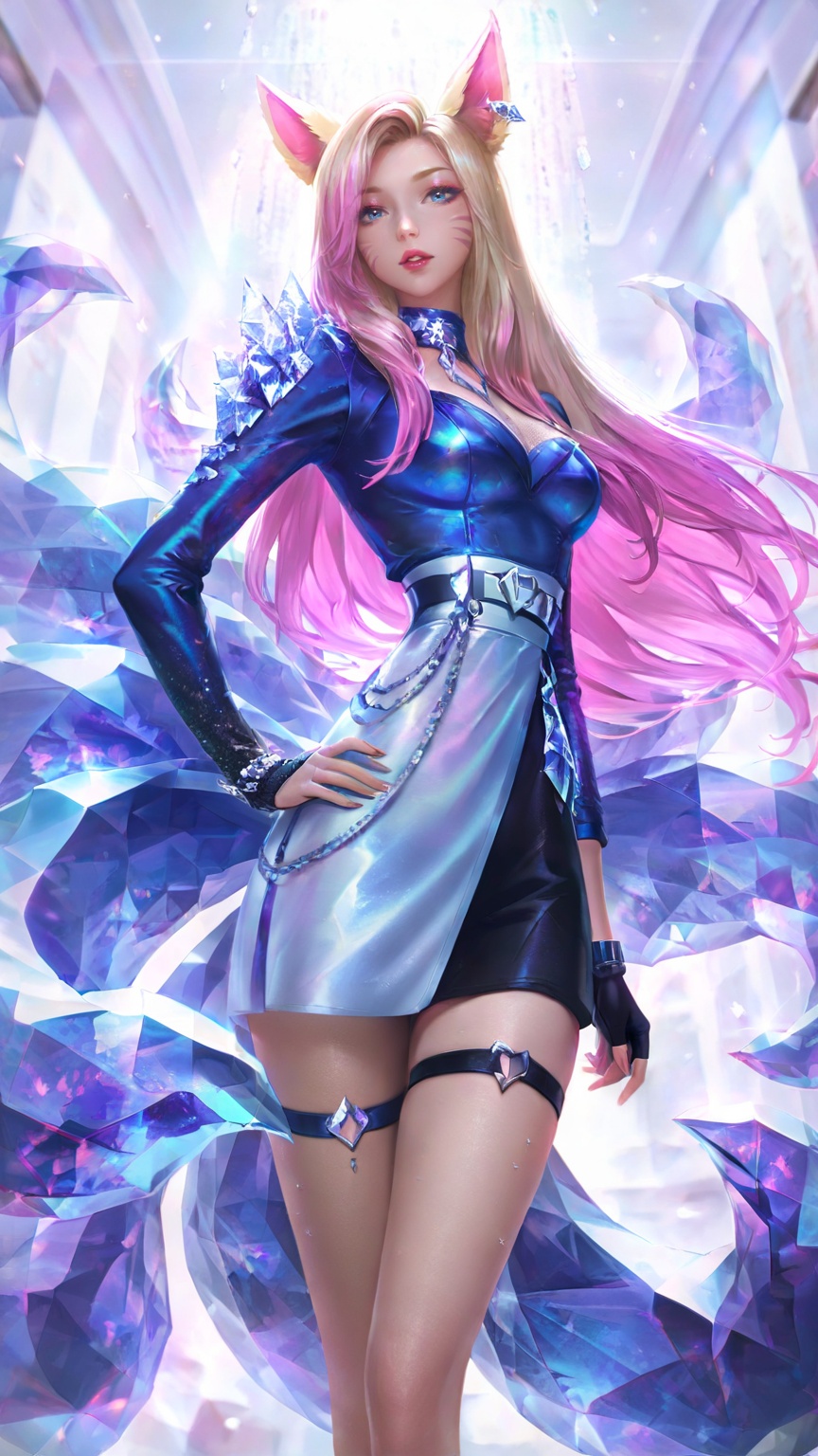 <lora:联盟女团1-000025:0.8>,lvjing,1girl,animal ears,fox ears,ahri \(league of legends\),long hair,blonde hair,solo,k/da \(league of legends\),facial mark,hand on own hip,fox tail,tail,whisker markings,multicolored hair,official alternate costume,breasts,single fingerless glove,asymmetrical clothes,looking at viewer,pink hair,fingerless gloves,belt,parted lips,makeup,gloves,fox girl,jewelry,blue eyes,standing,long sleeves,medium breasts,thigh strap,dress,depth of field,masterpiece,best quality,very aesthetic,alternate costume,2024,2023,perfect composition,ultra-detailed,extreme aesthetic,masterpiece,best quality,good quality,newest,year 2024,year 2023,very aesthetic,absurdres,looking_at_viewer,colorful,