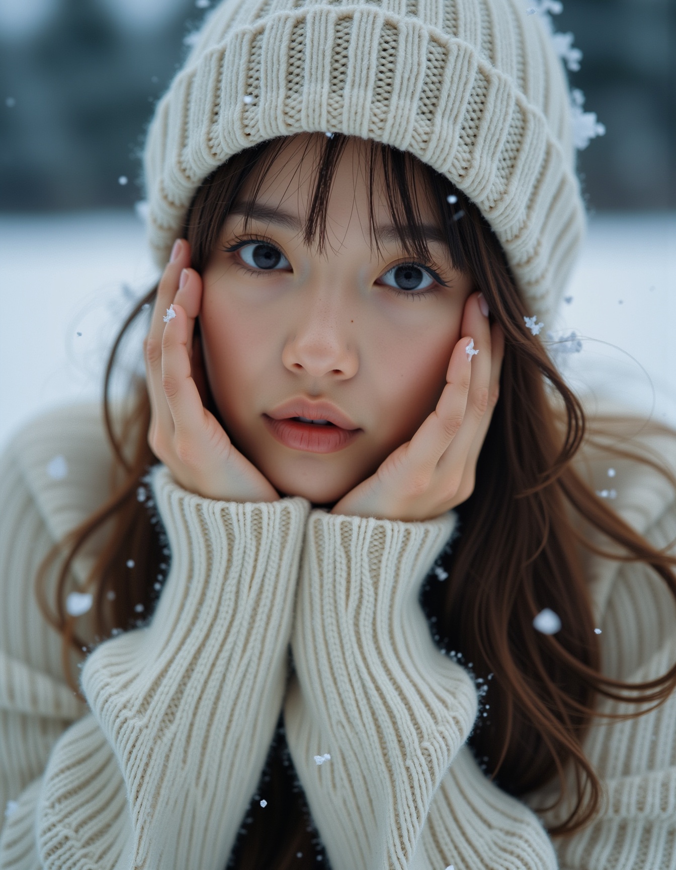 best quality,  masterpiece,  analogue photo of ***** girl in sweater and sweater hat on Tensor.Art