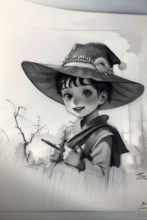 pencil drawing,(masterpiece, best quality, high resolution, absurdres, intricate details:1.3),monochrome,1boy,hat,smile,holding a cat,tree,cloud,<lora:pencil drawing_20240220222826:1>,