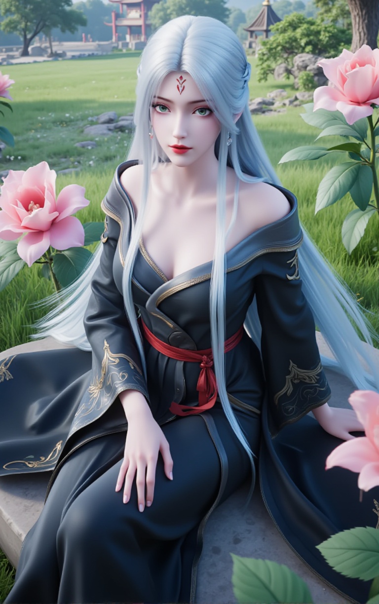xiaobai,flowers,huge flowers,parks,meadows,1girl,solo,long hair,breasts,green eyes,collarbone,white hair,makeup,facial mark,lipstick,black robe,forehead mark,serafuku,dress,long sleeves,aqua eyes,bare shoulders,red lips,wide sleeves,silver hair,eyeshadow,off shoulder,(Full-body:1.4),Long skirts,cloth shoes,(Sitting:1.4),Dynamic angles,dynamic poses,The palace,the ancient buildings,