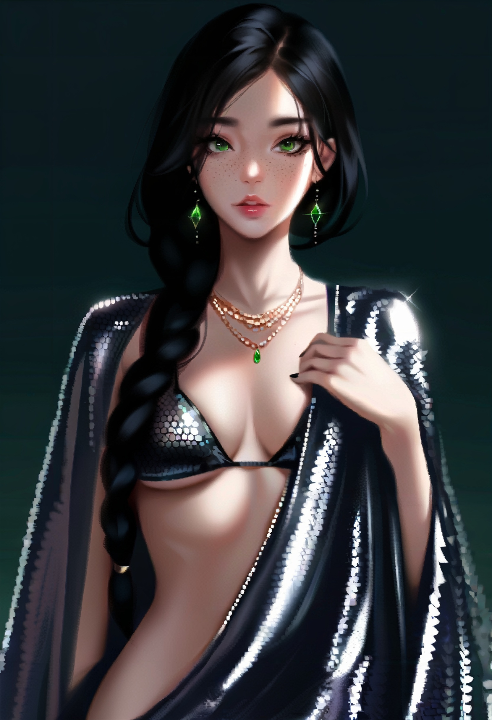 side braid,  a girl wearing a silver cloak placed her hand on her chest and looked ahead,  black eyebrows and green eyes o...