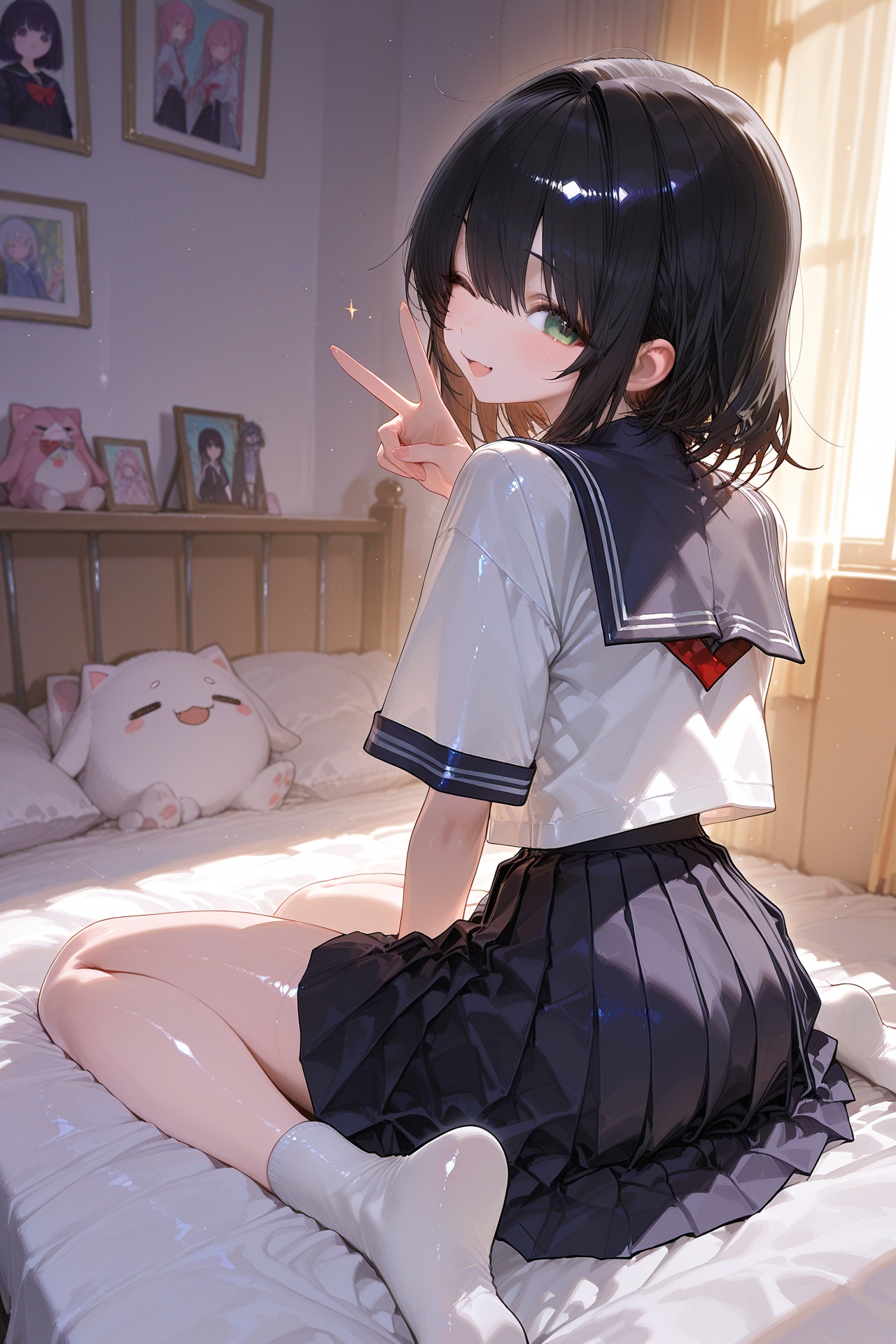 {observerz},modare,mikaze oto,[artist:kedama milk],[artist:ask_(askzy)],ciloranko,ponzu(catponz),year 2023,masterpiece,best quality,amazing quality,absurdres,newest,1girl,school_uniform,shiny_skin,bedroom,solo,back to back,looking_back,wariza,wink,v,