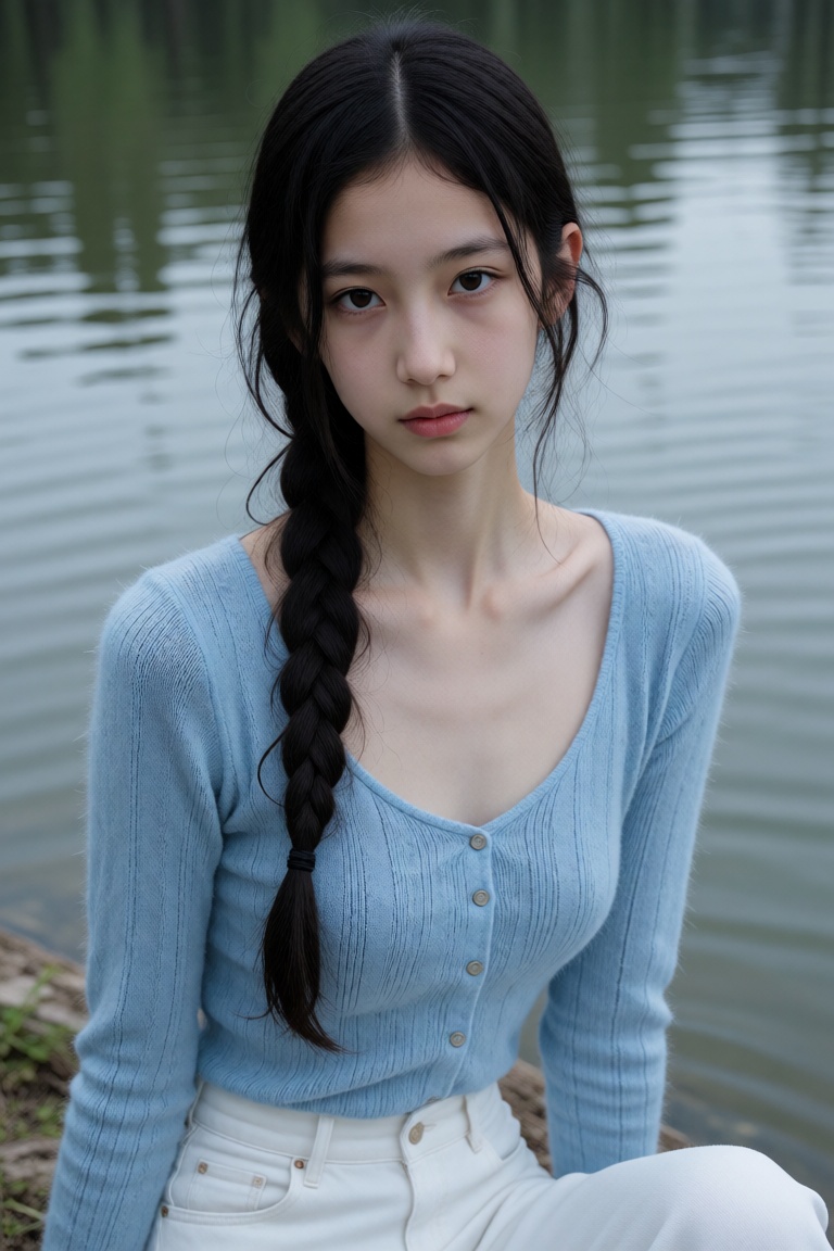 一位皮肤白皙、留着黑色长辫的年轻亚裔女子,  身穿浅蓝色毛衣和白色裤子,  坐在宁静的湖边。 on Tensor.Art