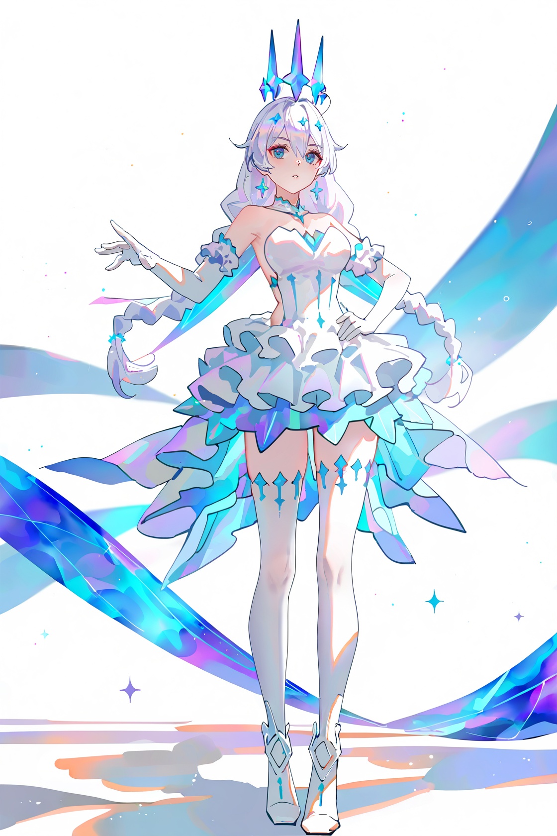 8k, best quality, masterpiece, (ultra-detailed), (high detailed skin), ((artist:reoen),(artist:fuzichoco),(artist:atdan),(artist:torino_aqua),year 2024:0.8)1girl, [artist:wlop], [artist:ningen_mame], artist:ciloranko, [[artist:rhasta]], artist:tidsean, colorful, detailed light, light leaks, sunlight, bokeh, blurry foreground, ray tracing, lens flare, cinematic lighting, full body, full shot, standing, looking at viewer, (solo:1.2), simple background, (white background:1.2), hand on own hip, (white background:1.1), <lora:kiana-young-noob-Tanger:0.7>, kiana kaslana, dongzhi, dongzhi,dongzhi dress, 5th clothes, 1girl, blue eyes, gloves, white thighhighs, dress, long hair, elbow gloves, white hair, crystal crown, bare shoulders, bangsA full-body portrait of a young girl, standing gracefully, pastel art style, high-key lighting, shoujo manga influence, hd quality, delicate details, 